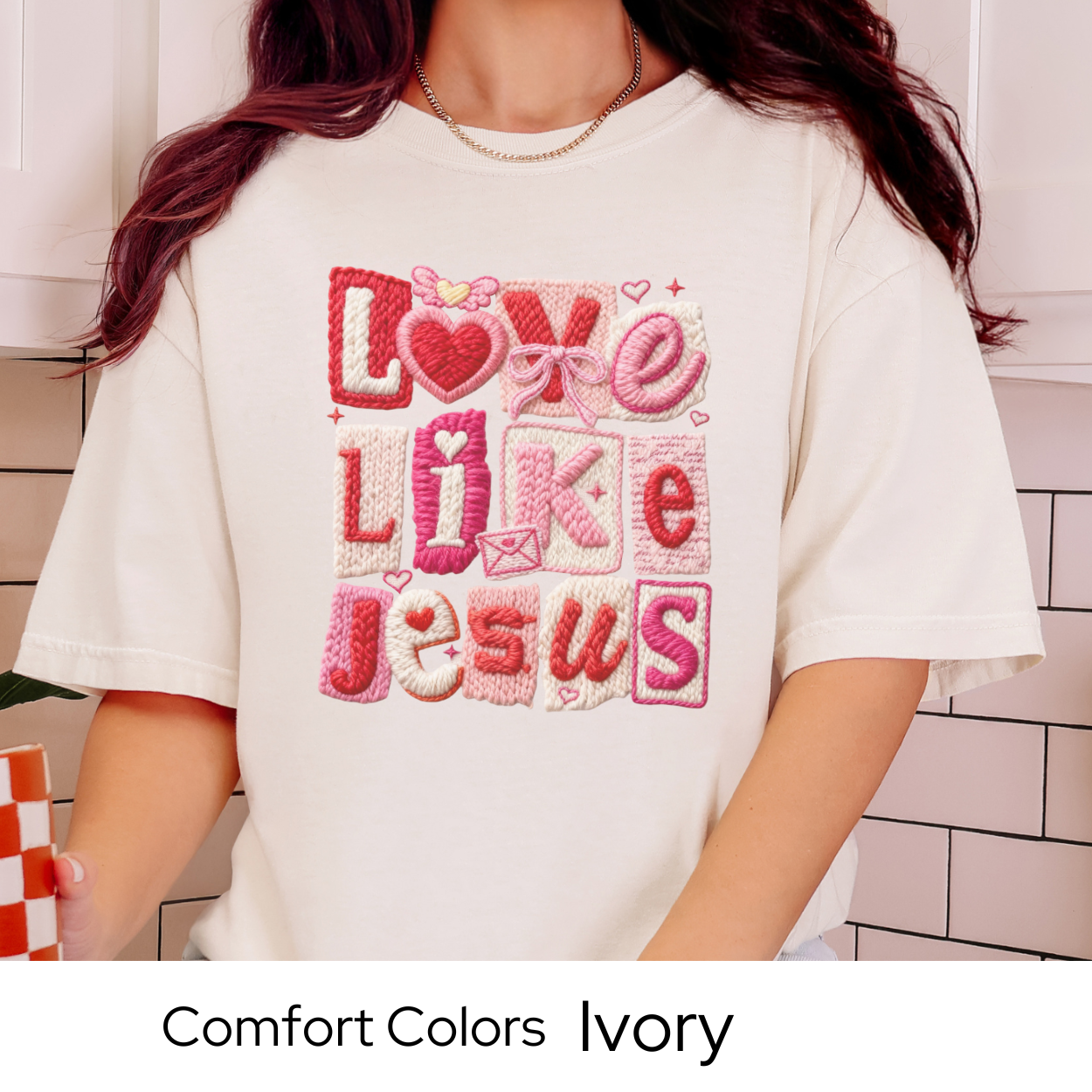 Valentines Day Graphic T Shirt, Love Like Jesus Tee, Faux Yarn Patchwork Shirt, Christian Valentine Gift Comfort Colors 1717