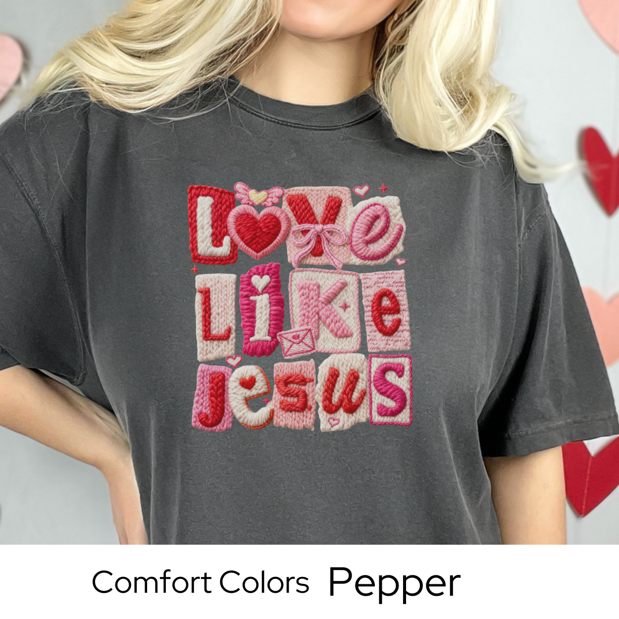 Valentines Day Graphic T Shirt, Love Like Jesus Tee, Faux Yarn Patchwork Shirt, Christian Valentine Gift Comfort Colors 1717