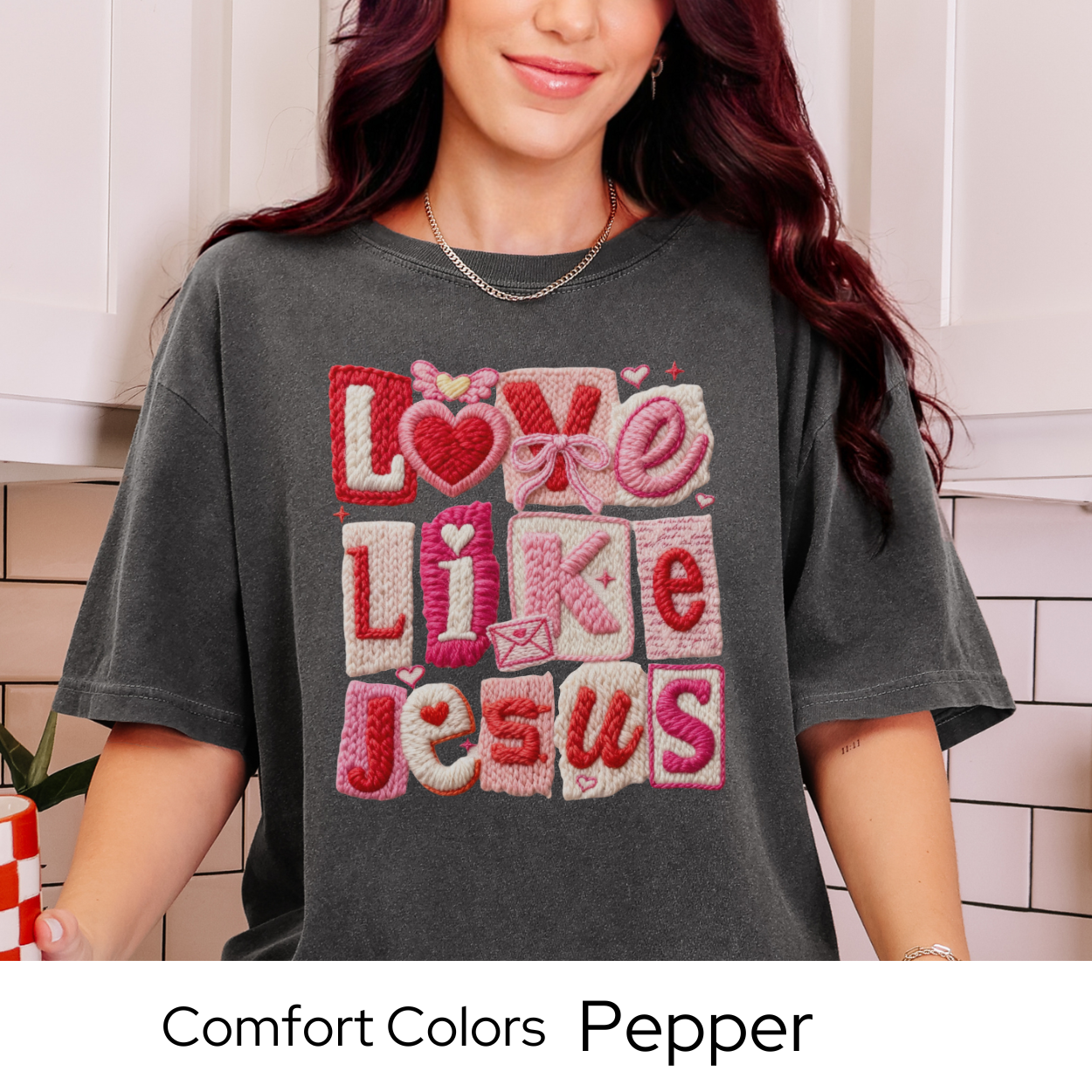 Valentines Day Graphic T Shirt, Love Like Jesus Tee, Faux Yarn Patchwork Shirt, Christian Valentine Gift Comfort Colors 1717