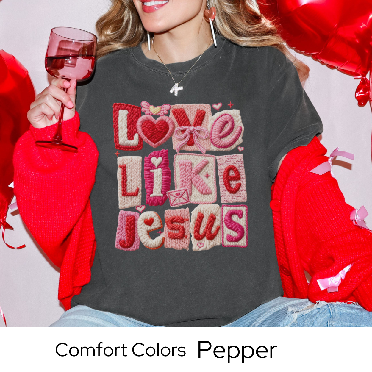 Valentines Day Graphic T Shirt, Love Like Jesus Tee, Faux Yarn Patchwork Shirt, Christian Valentine Gift Comfort Colors 1717