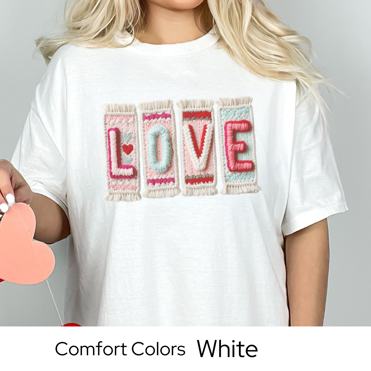 Valentines Day Graphic T Shirt, Faux Yarn Love Tee, Patchwork Valentine Shirt, Cozy Valentine Outfit Comfort Colors 1717