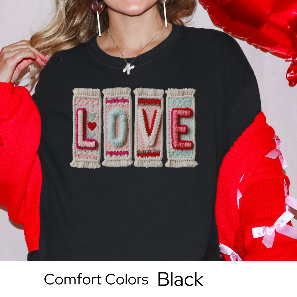 Valentines Day Graphic T Shirt, Faux Yarn Love Tee, Patchwork Valentine Shirt, Cozy Valentine Outfit Comfort Colors 1717