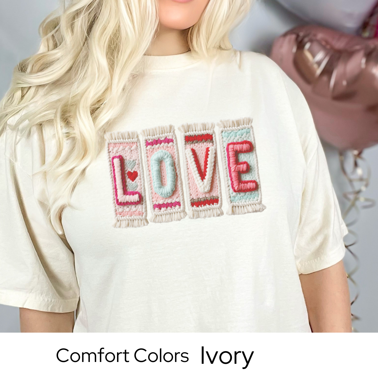 Valentines Day Graphic T Shirt, Faux Yarn Love Tee, Patchwork Valentine Shirt, Cozy Valentine Outfit Comfort Colors 1717