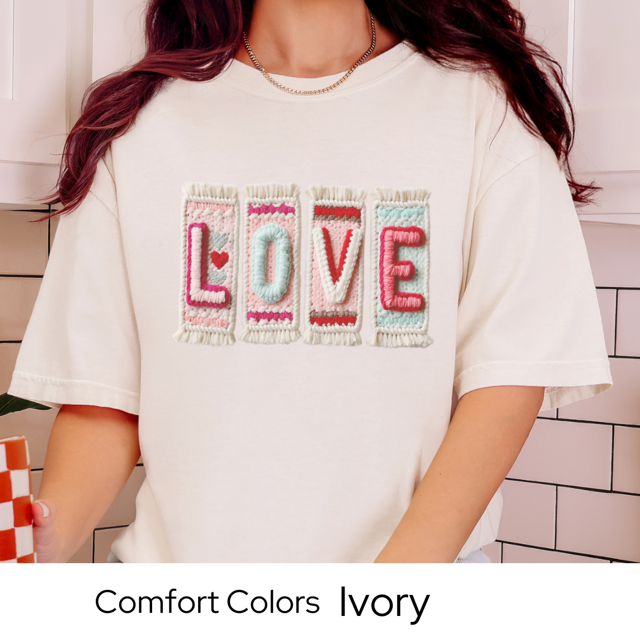 Valentines Day Graphic T Shirt, Faux Yarn Love Tee, Patchwork Valentine Shirt, Cozy Valentine Outfit Comfort Colors 1717