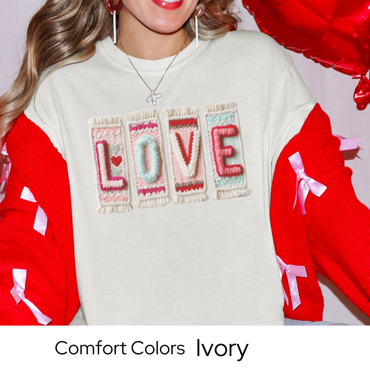 Valentines Day Graphic T Shirt, Faux Yarn Love Tee, Patchwork Valentine Shirt, Cozy Valentine Outfit Comfort Colors 1717