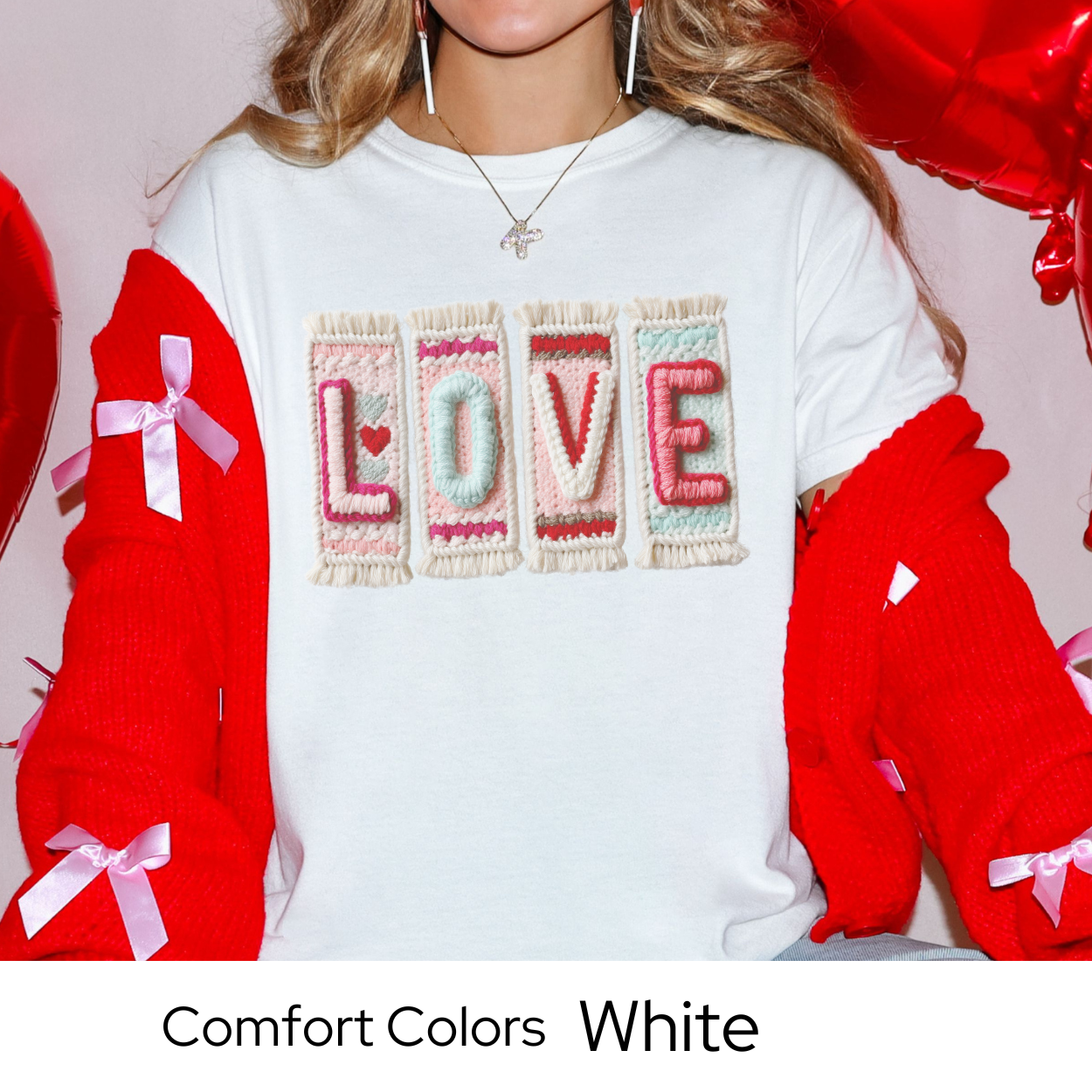 Valentines Day Graphic T Shirt, Faux Yarn Love Tee, Patchwork Valentine Shirt, Cozy Valentine Outfit Comfort Colors 1717