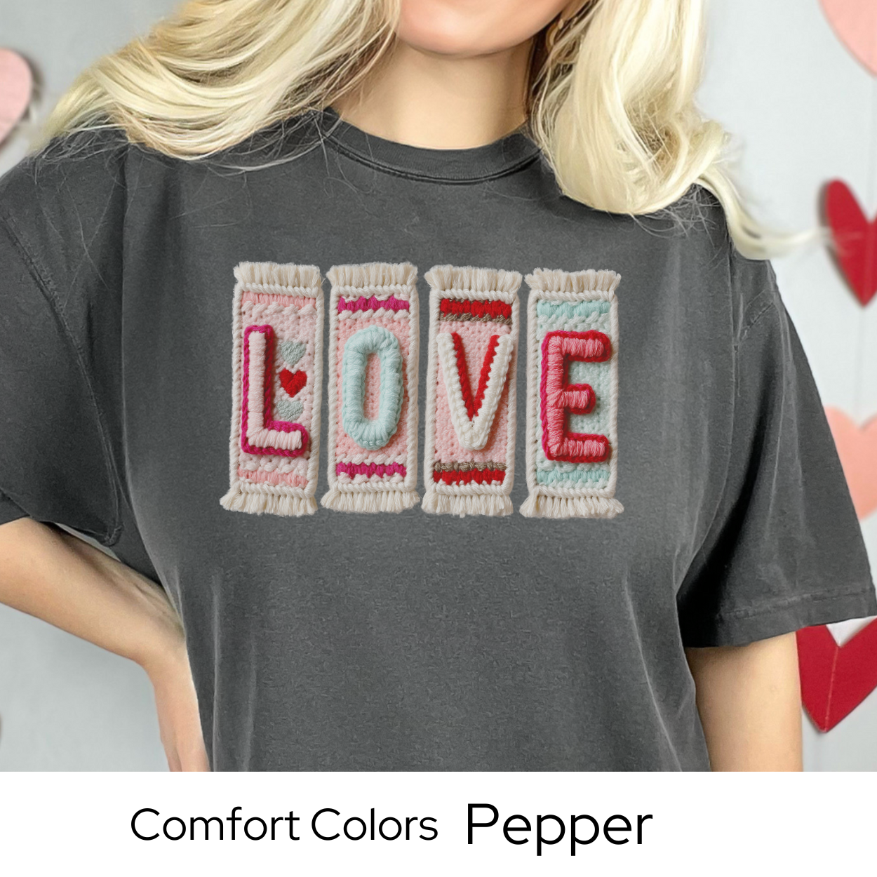 Valentines Day Graphic T Shirt, Faux Yarn Love Tee, Patchwork Valentine Shirt, Cozy Valentine Outfit Comfort Colors 1717