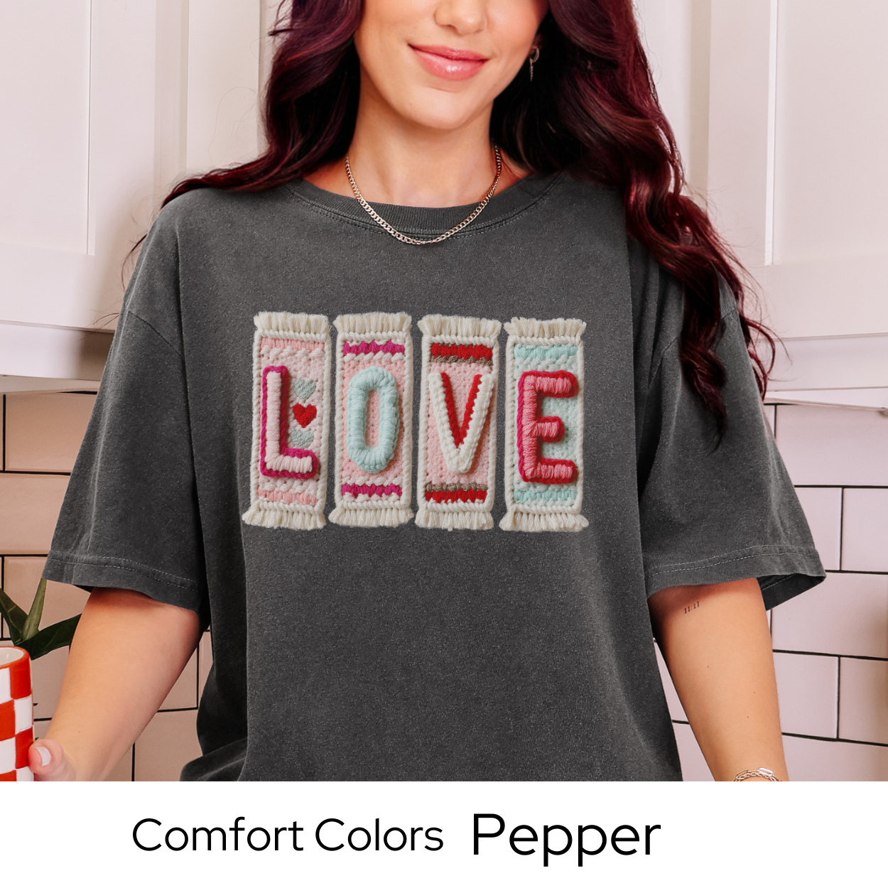 Valentines Day Graphic T Shirt, Faux Yarn Love Tee, Patchwork Valentine Shirt, Cozy Valentine Outfit Comfort Colors 1717