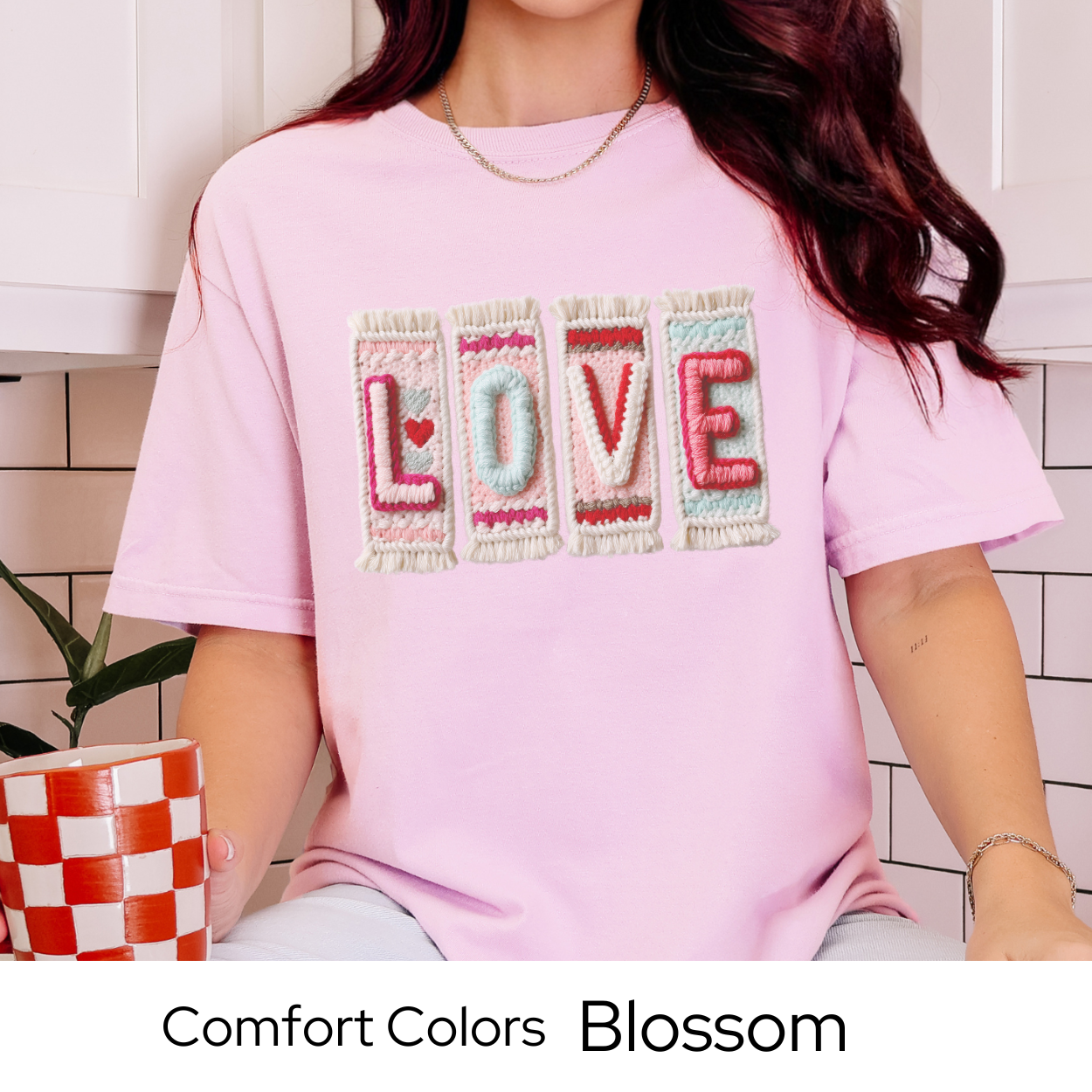 Valentines Day Graphic T Shirt, Faux Yarn Love Tee, Patchwork Valentine Shirt, Cozy Valentine Outfit Comfort Colors 1717