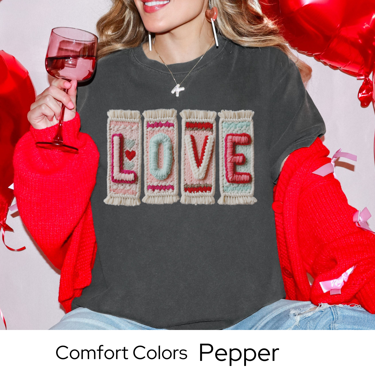 Valentines Day Graphic T Shirt, Faux Yarn Love Tee, Patchwork Valentine Shirt, Cozy Valentine Outfit Comfort Colors 1717