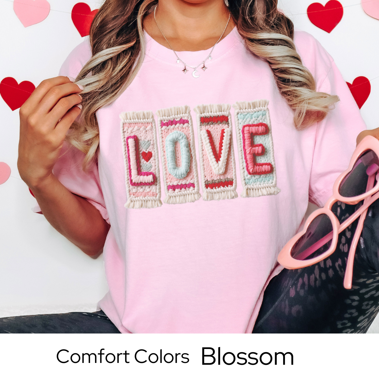 Valentines Day Graphic T Shirt, Faux Yarn Love Tee, Patchwork Valentine Shirt, Cozy Valentine Outfit Comfort Colors 1717