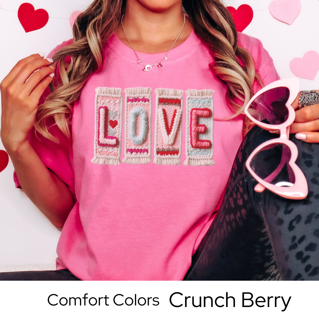 Valentines Day Graphic T Shirt, Faux Yarn Love Tee, Patchwork Valentine Shirt, Cozy Valentine Outfit Comfort Colors 1717