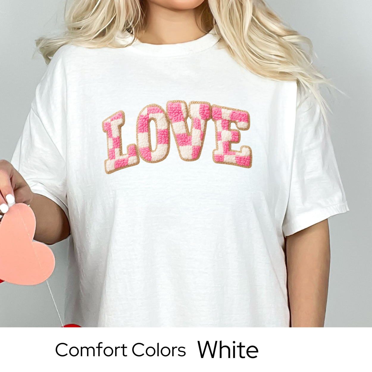 Valentines Day Graphic T Shirt, Faux Yarn Love Letter Tee, Pink Patchwork Valentine Shirt, Cozy Valentine Outfit Comfort Colors 1717