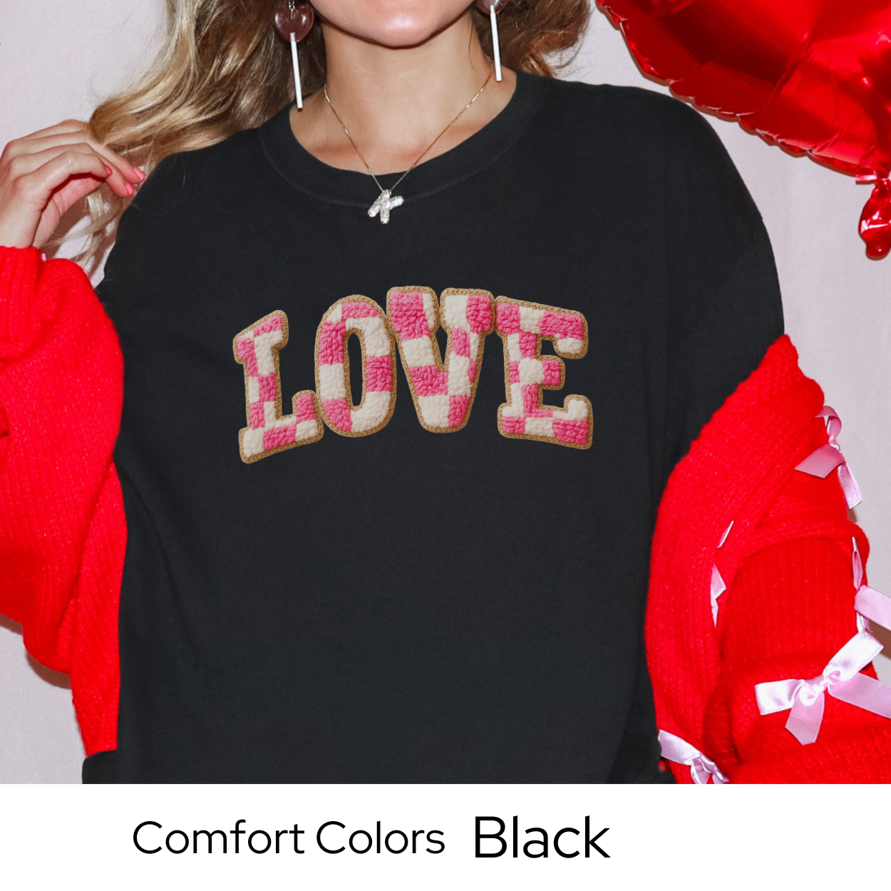 Valentines Day Graphic T Shirt, Faux Yarn Love Letter Tee, Pink Patchwork Valentine Shirt, Cozy Valentine Outfit Comfort Colors 1717