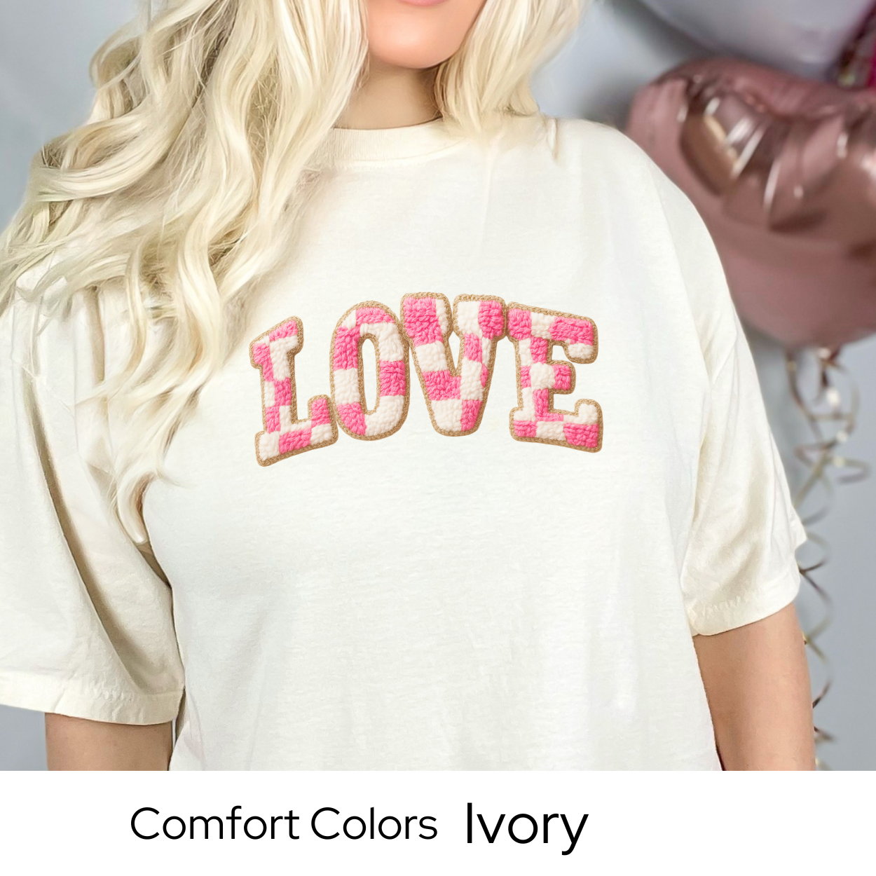 Valentines Day Graphic T Shirt, Faux Yarn Love Letter Tee, Pink Patchwork Valentine Shirt, Cozy Valentine Outfit Comfort Colors 1717