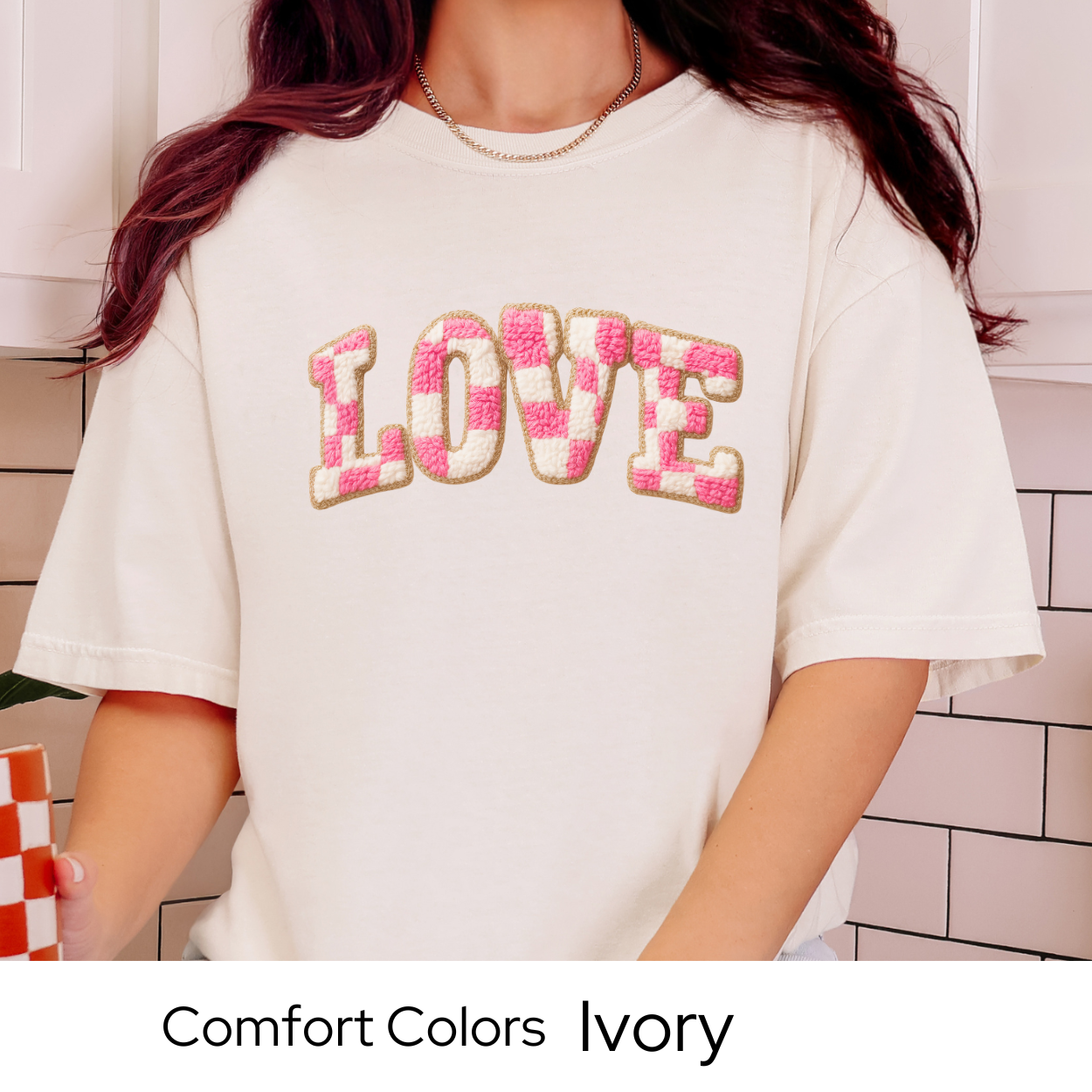 Valentines Day Graphic T Shirt, Faux Yarn Love Letter Tee, Pink Patchwork Valentine Shirt, Cozy Valentine Outfit Comfort Colors 1717
