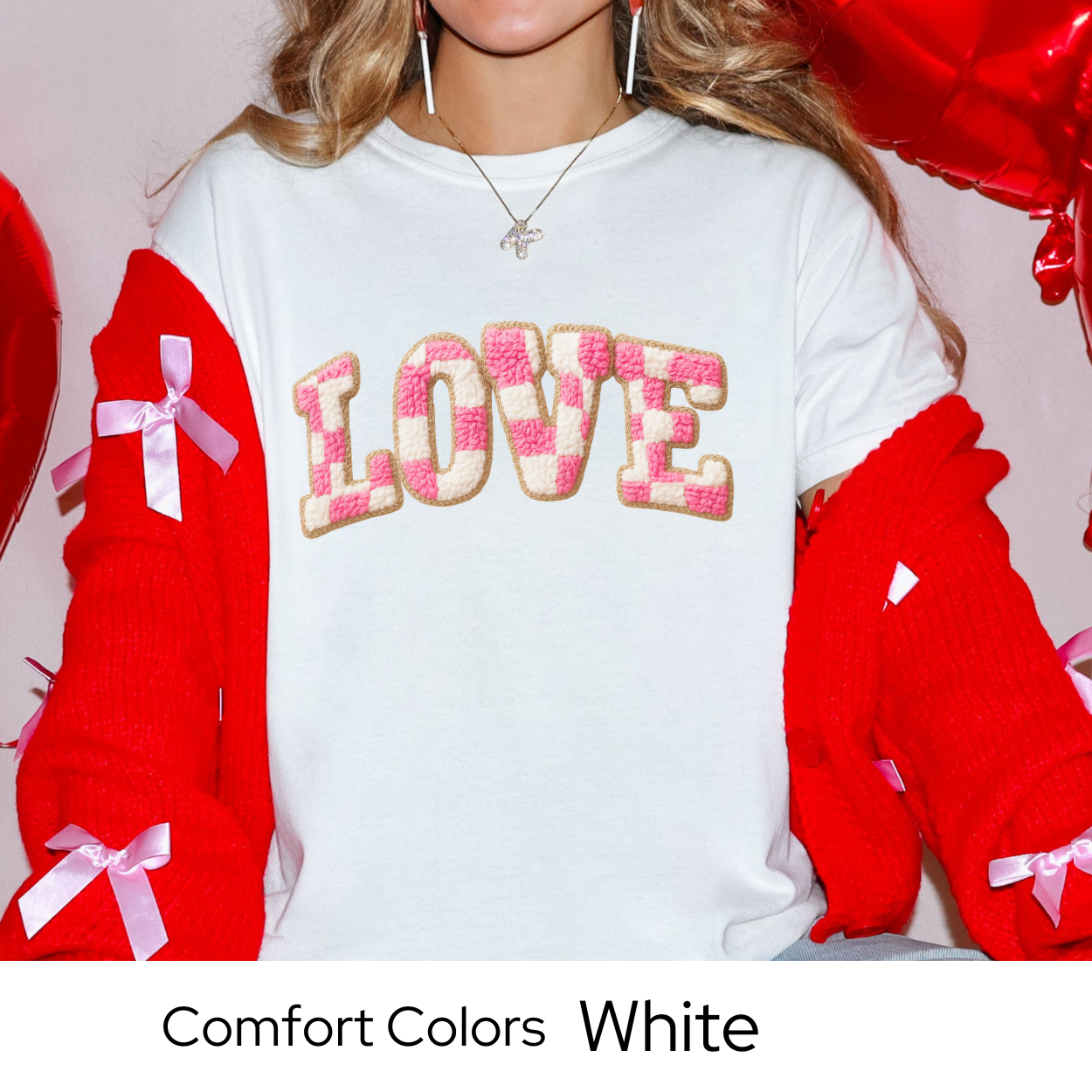 Valentines Day Graphic T Shirt, Faux Yarn Love Letter Tee, Pink Patchwork Valentine Shirt, Cozy Valentine Outfit Comfort Colors 1717