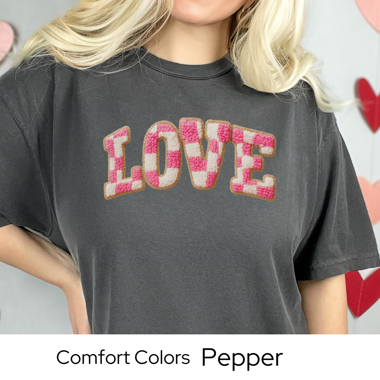 Valentines Day Graphic T Shirt, Faux Yarn Love Letter Tee, Pink Patchwork Valentine Shirt, Cozy Valentine Outfit Comfort Colors 1717