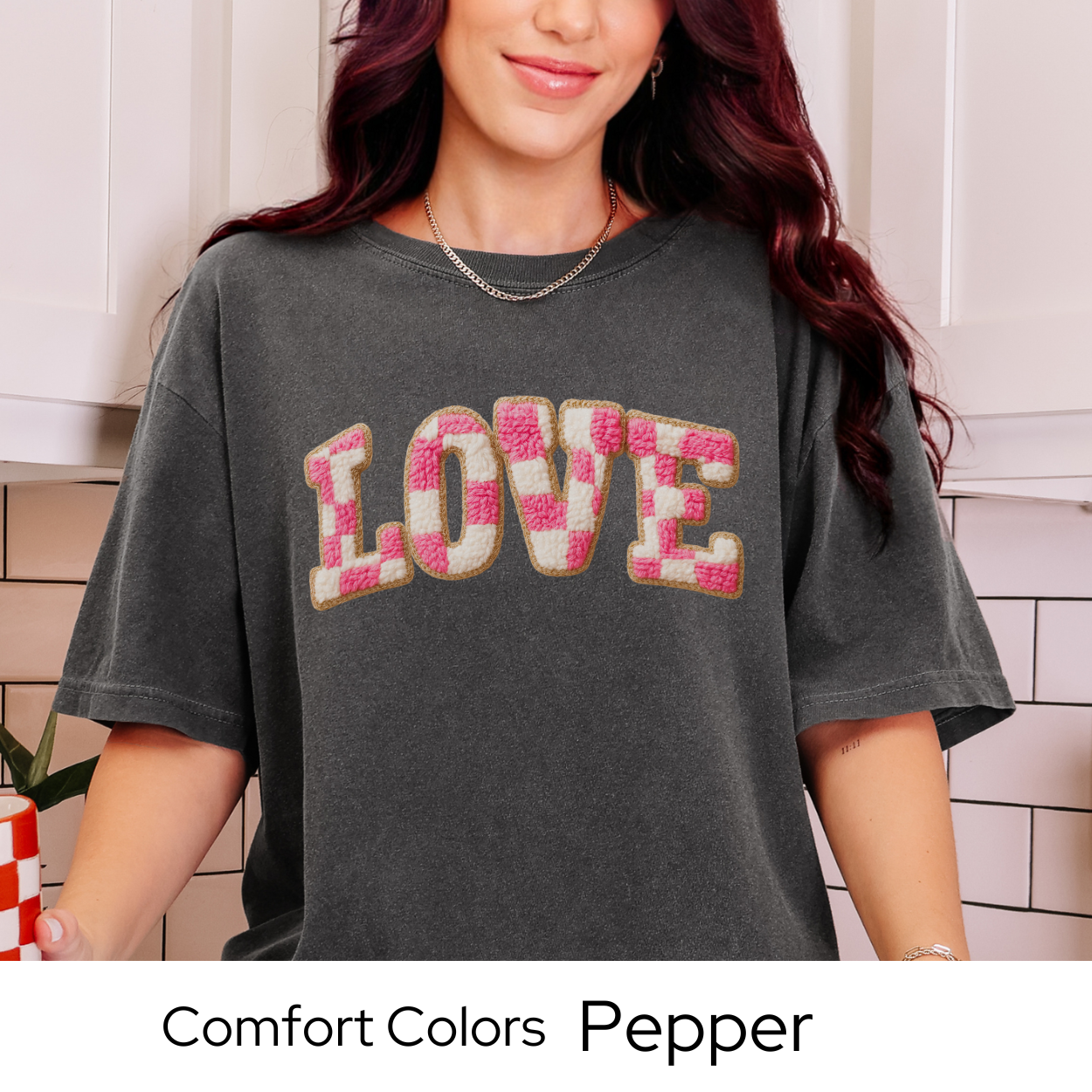 Valentines Day Graphic T Shirt, Faux Yarn Love Letter Tee, Pink Patchwork Valentine Shirt, Cozy Valentine Outfit Comfort Colors 1717