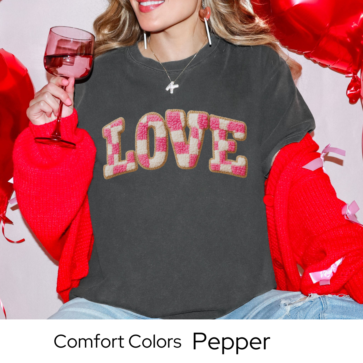 Valentines Day Graphic T Shirt, Faux Yarn Love Letter Tee, Pink Patchwork Valentine Shirt, Cozy Valentine Outfit Comfort Colors 1717