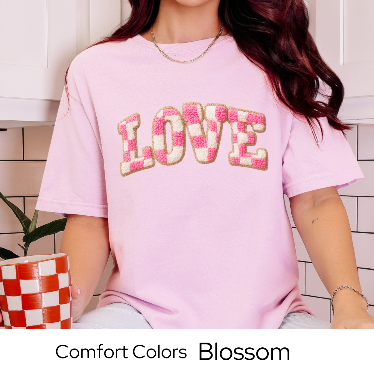 Valentines Day Graphic T Shirt, Faux Yarn Love Letter Tee, Pink Patchwork Valentine Shirt, Cozy Valentine Outfit Comfort Colors 1717