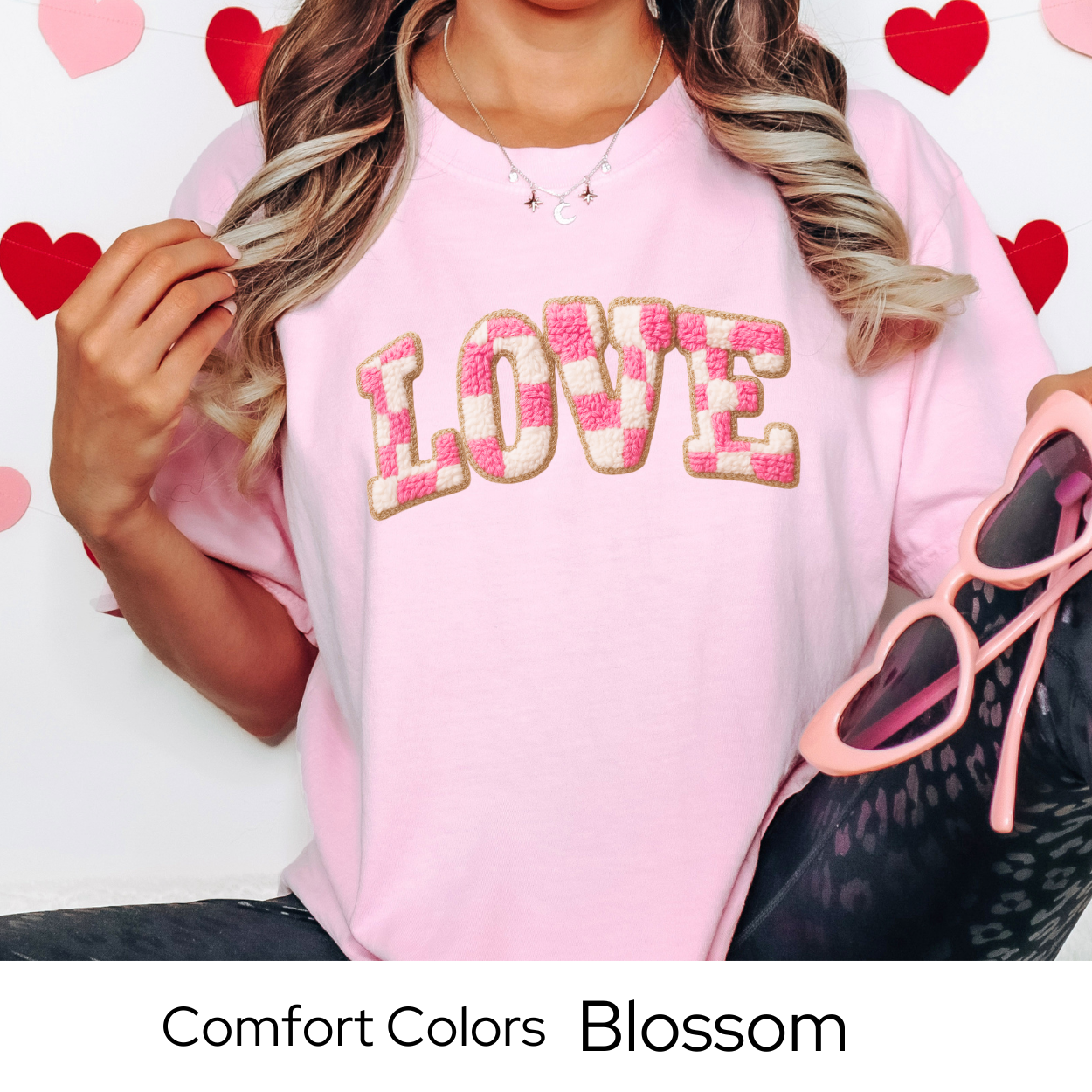 Valentines Day Graphic T Shirt, Faux Yarn Love Letter Tee, Pink Patchwork Valentine Shirt, Cozy Valentine Outfit Comfort Colors 1717