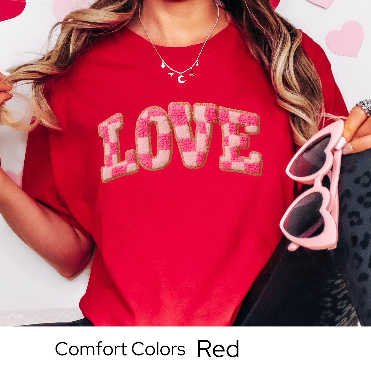 Valentines Day Graphic T Shirt, Faux Yarn Love Letter Tee, Pink Patchwork Valentine Shirt, Cozy Valentine Outfit Comfort Colors 1717