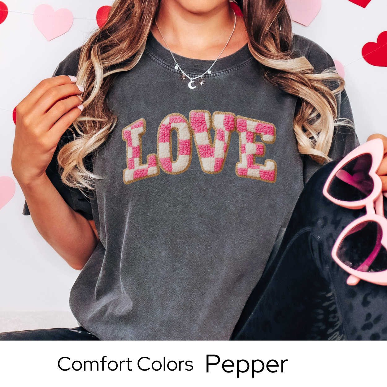 Valentines Day Graphic T Shirt, Faux Yarn Love Letter Tee, Pink Patchwork Valentine Shirt, Cozy Valentine Outfit Comfort Colors 1717