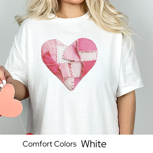 Valentines Day Graphic T Shirt, Faux Patchwork Heart Tee, Pink Stitched Heart Shirt, Cozy Valentine Outfit Comfort Colors 1717
