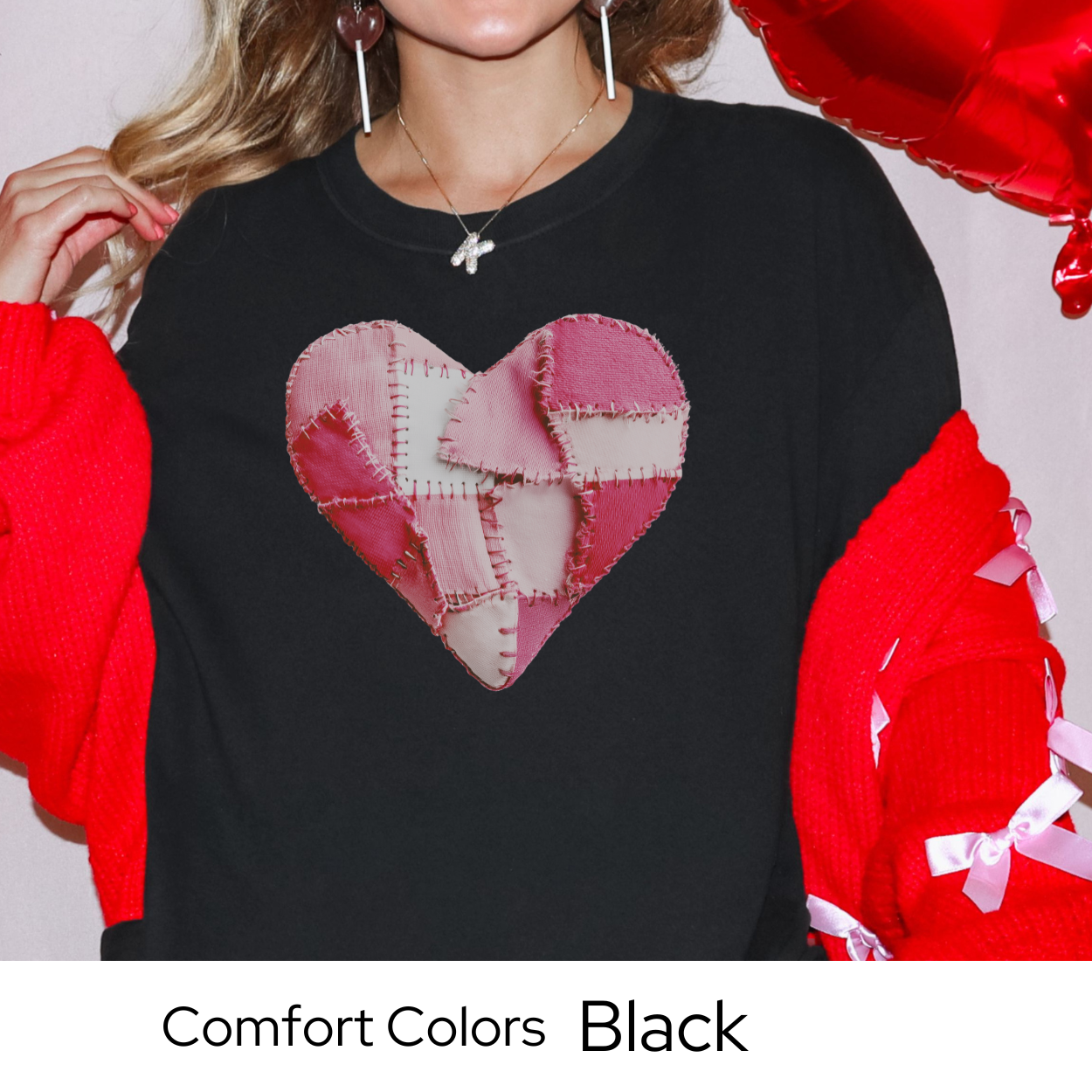 Valentines Day Graphic T Shirt, Faux Patchwork Heart Tee, Pink Stitched Heart Shirt, Cozy Valentine Outfit Comfort Colors 1717