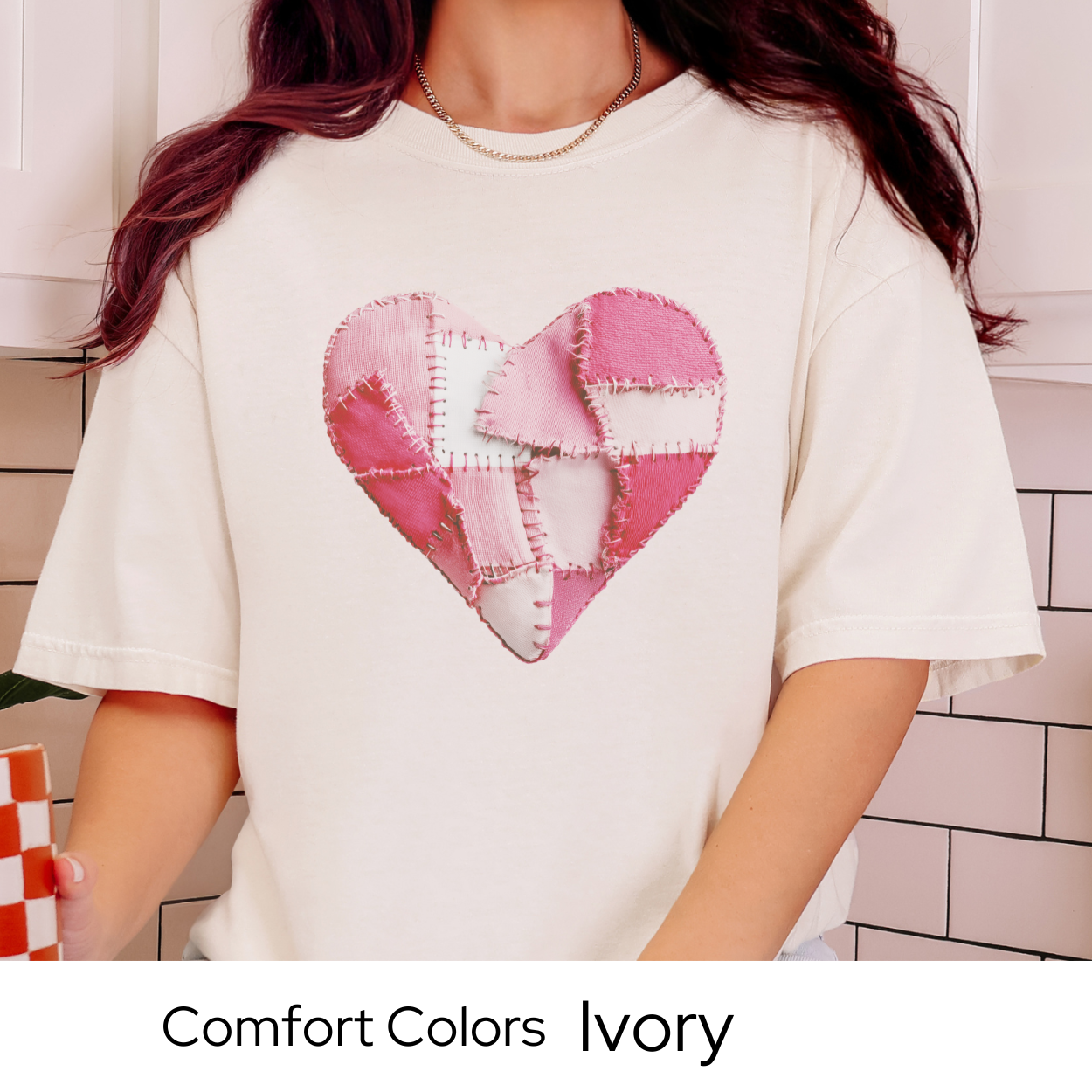 Valentines Day Graphic T Shirt, Faux Patchwork Heart Tee, Pink Stitched Heart Shirt, Cozy Valentine Outfit Comfort Colors 1717