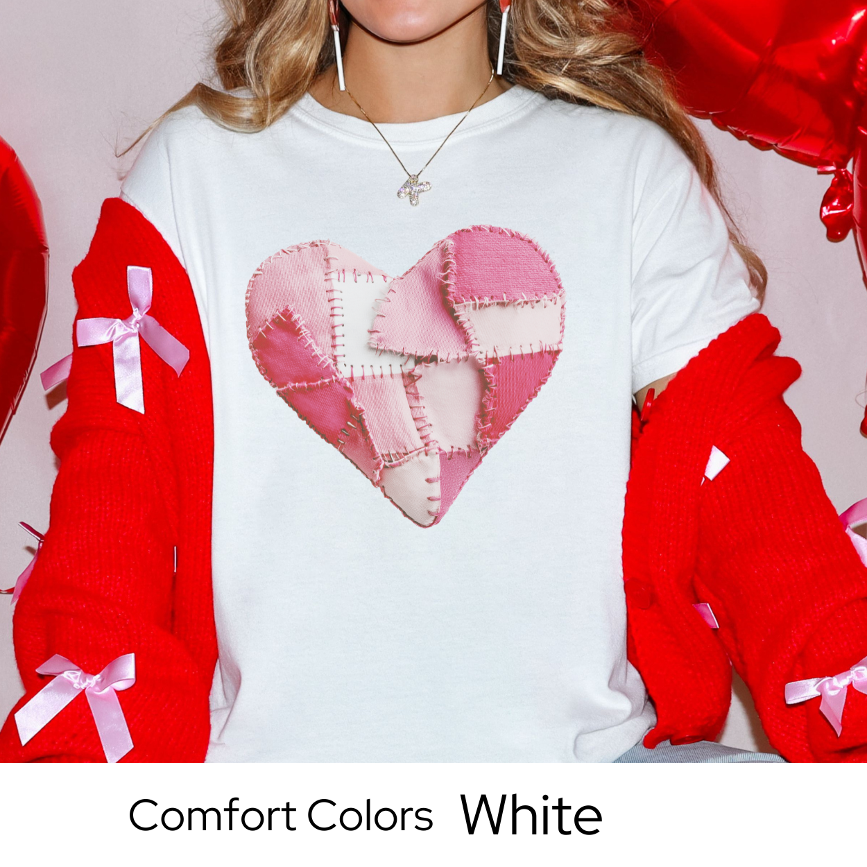 Valentines Day Graphic T Shirt, Faux Patchwork Heart Tee, Pink Stitched Heart Shirt, Cozy Valentine Outfit Comfort Colors 1717