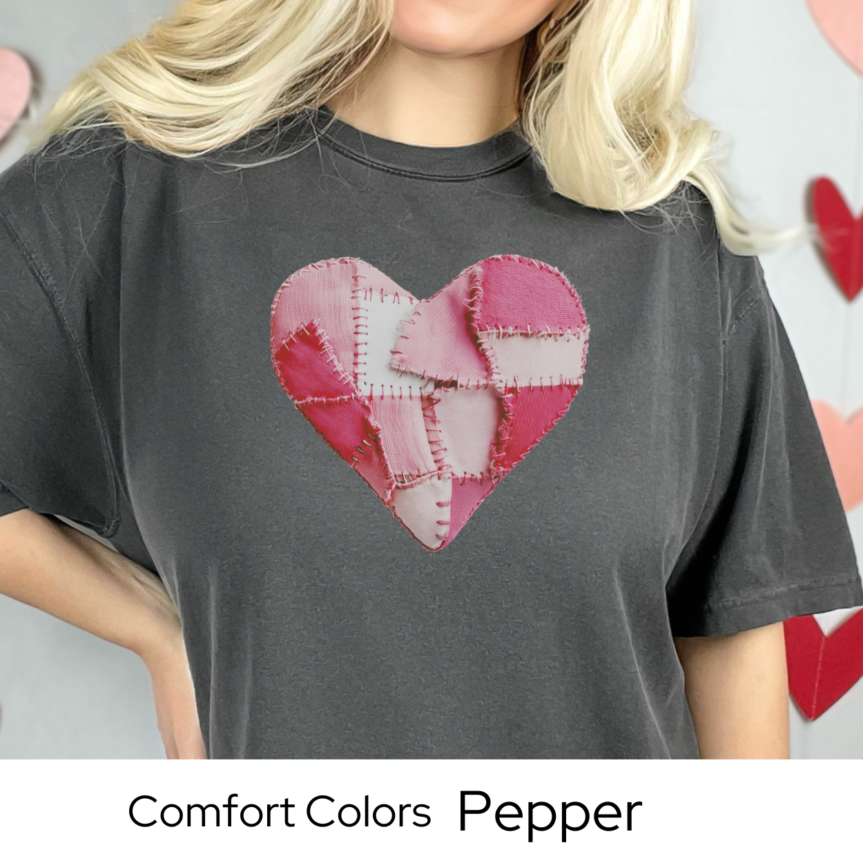 Valentines Day Graphic T Shirt, Faux Patchwork Heart Tee, Pink Stitched Heart Shirt, Cozy Valentine Outfit Comfort Colors 1717
