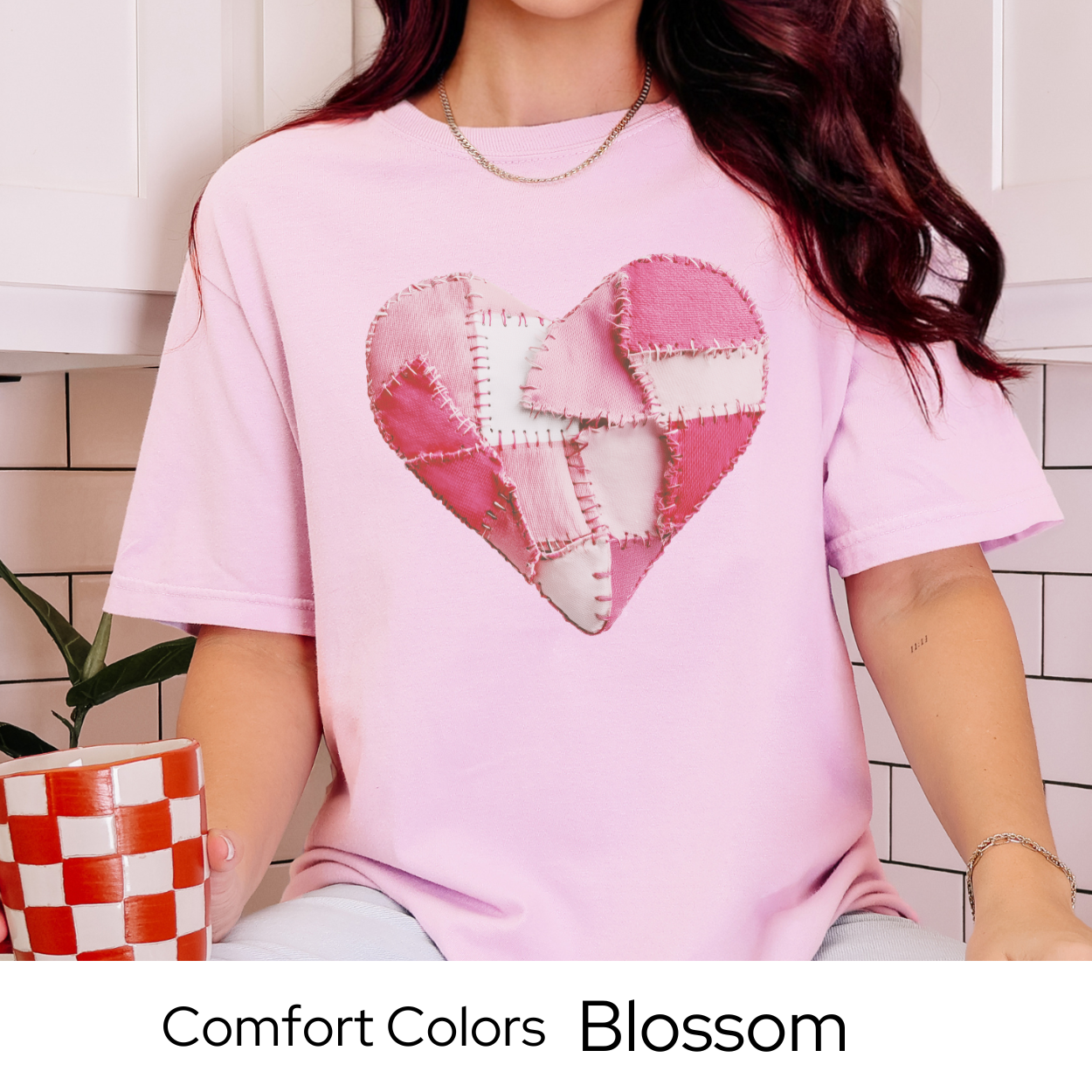 Valentines Day Graphic T Shirt, Faux Patchwork Heart Tee, Pink Stitched Heart Shirt, Cozy Valentine Outfit Comfort Colors 1717