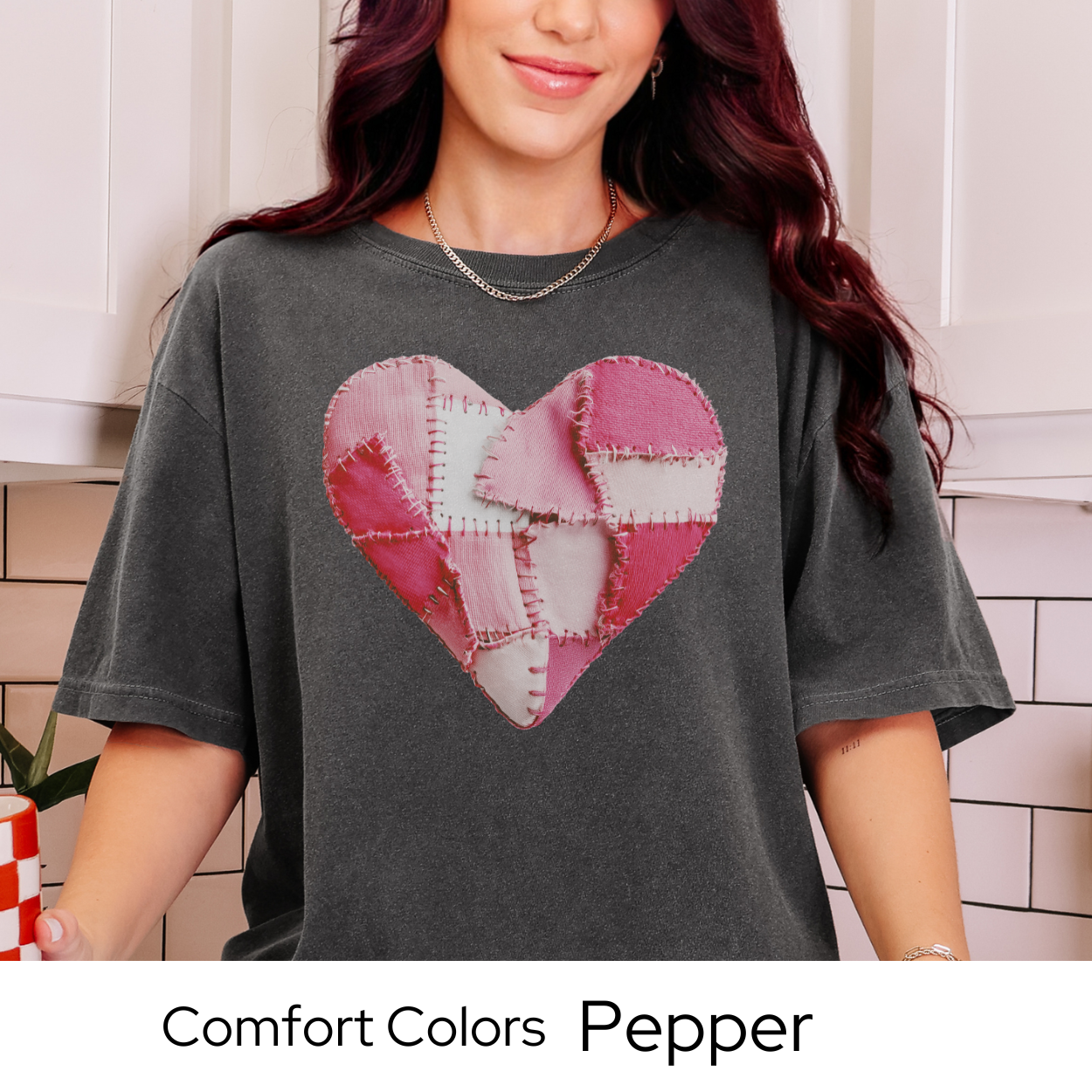 Valentines Day Graphic T Shirt, Faux Patchwork Heart Tee, Pink Stitched Heart Shirt, Cozy Valentine Outfit Comfort Colors 1717