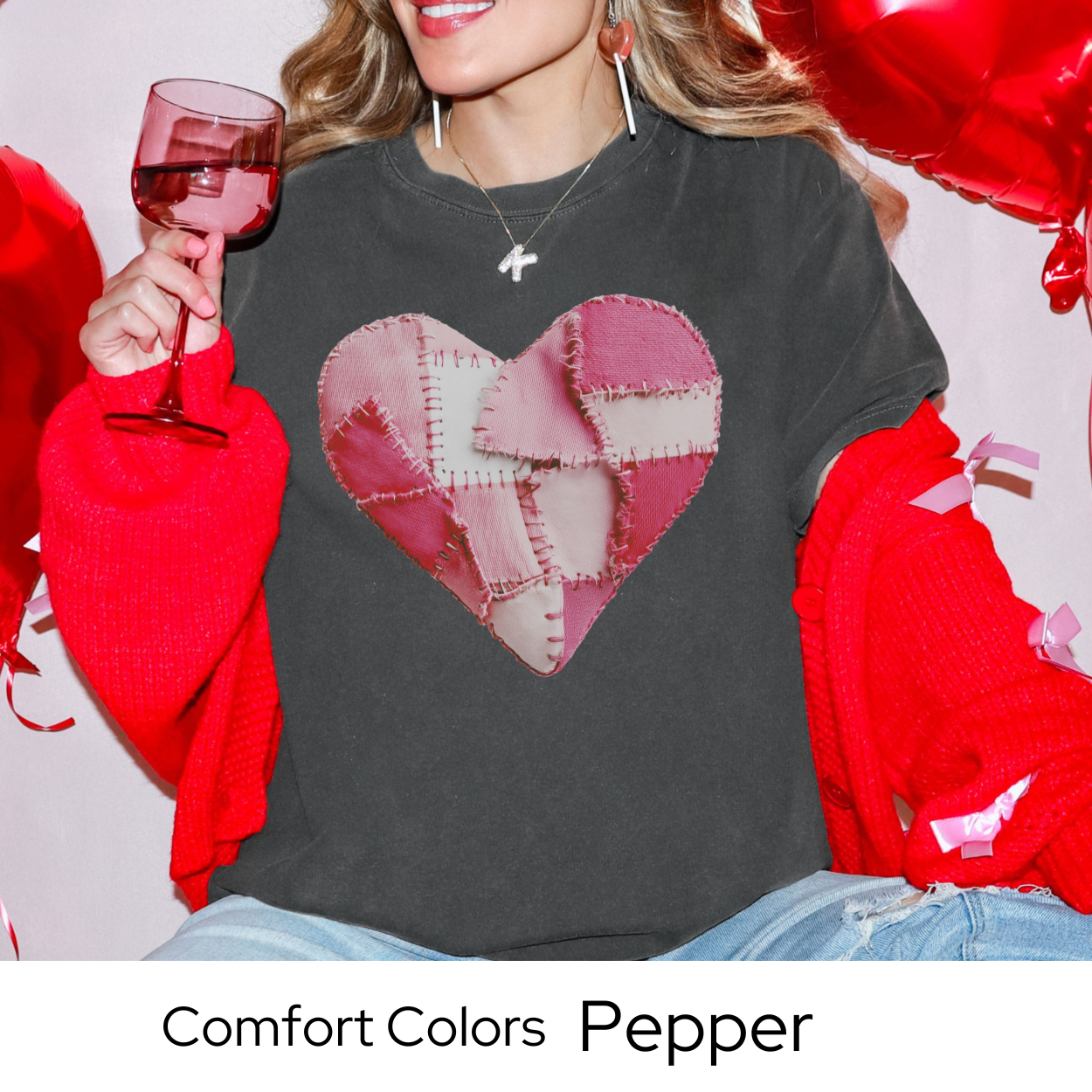 Valentines Day Graphic T Shirt, Faux Patchwork Heart Tee, Pink Stitched Heart Shirt, Cozy Valentine Outfit Comfort Colors 1717