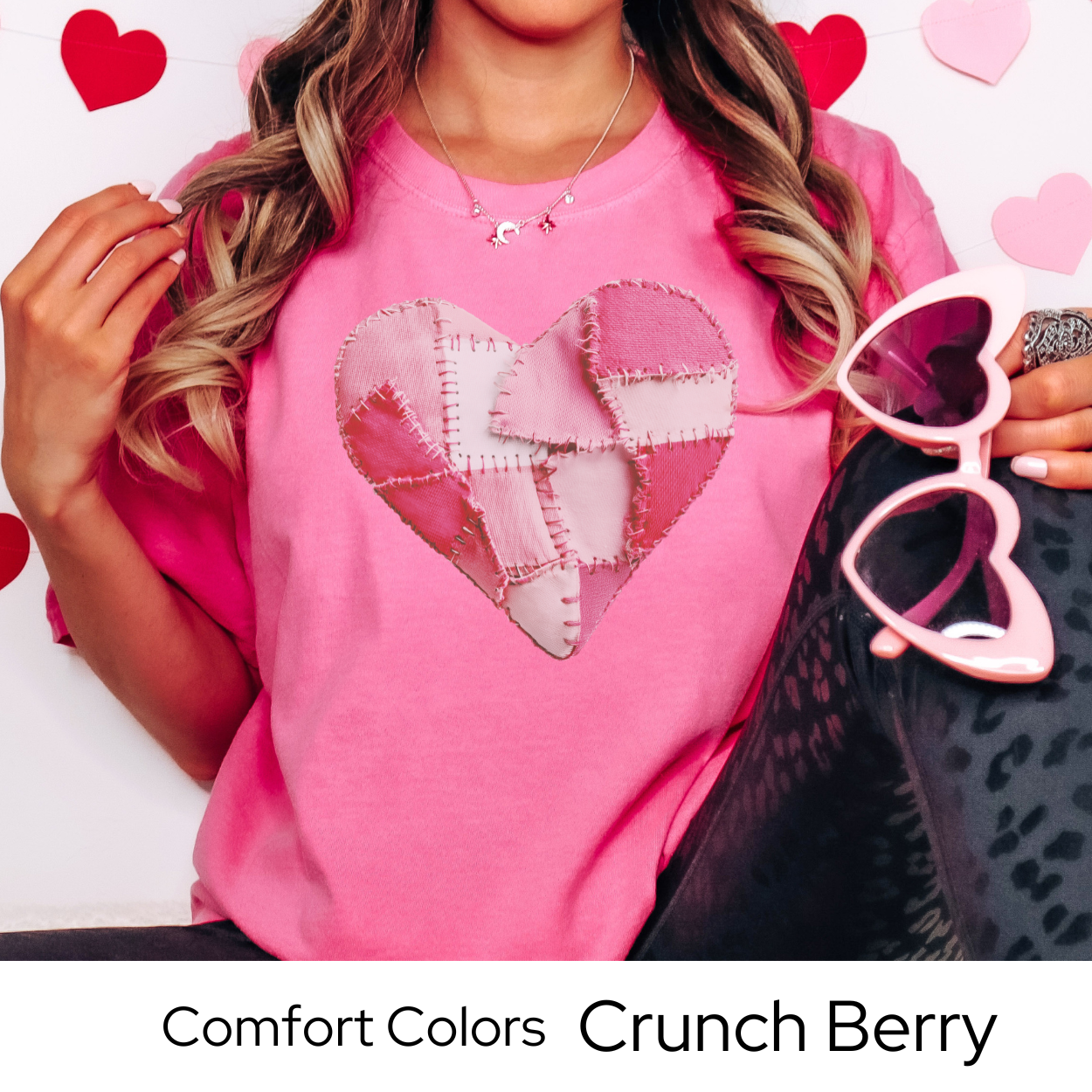 Valentines Day Graphic T Shirt, Faux Patchwork Heart Tee, Pink Stitched Heart Shirt, Cozy Valentine Outfit Comfort Colors 1717