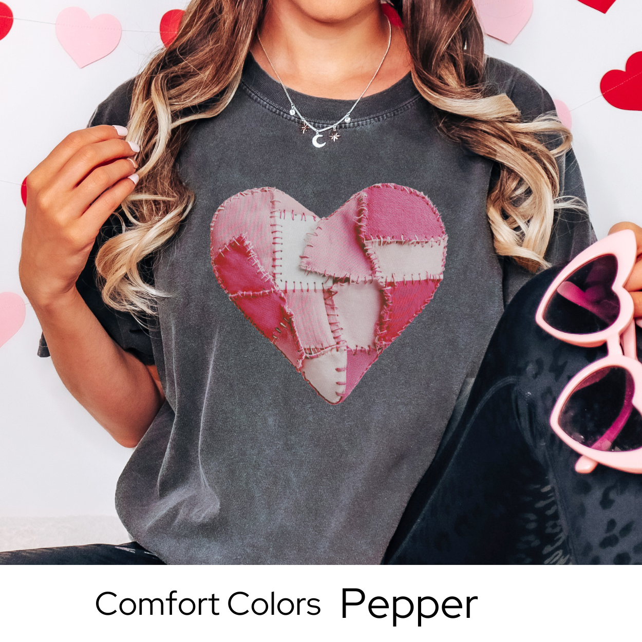 Valentines Day Graphic T Shirt, Faux Patchwork Heart Tee, Pink Stitched Heart Shirt, Cozy Valentine Outfit Comfort Colors 1717