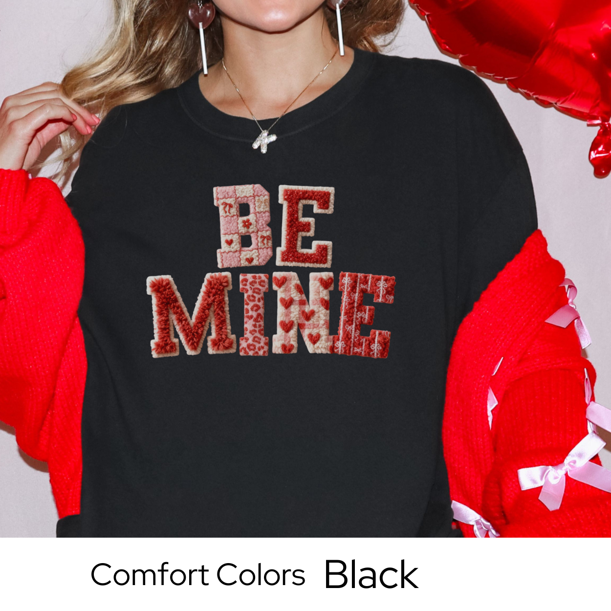 Valentines Day Graphic T Shirt, Be Mine Faux Patchwork Tee, Stitched Valentine Letter Shirt, Cozy Valentine Outfit Comfort Colors 1717