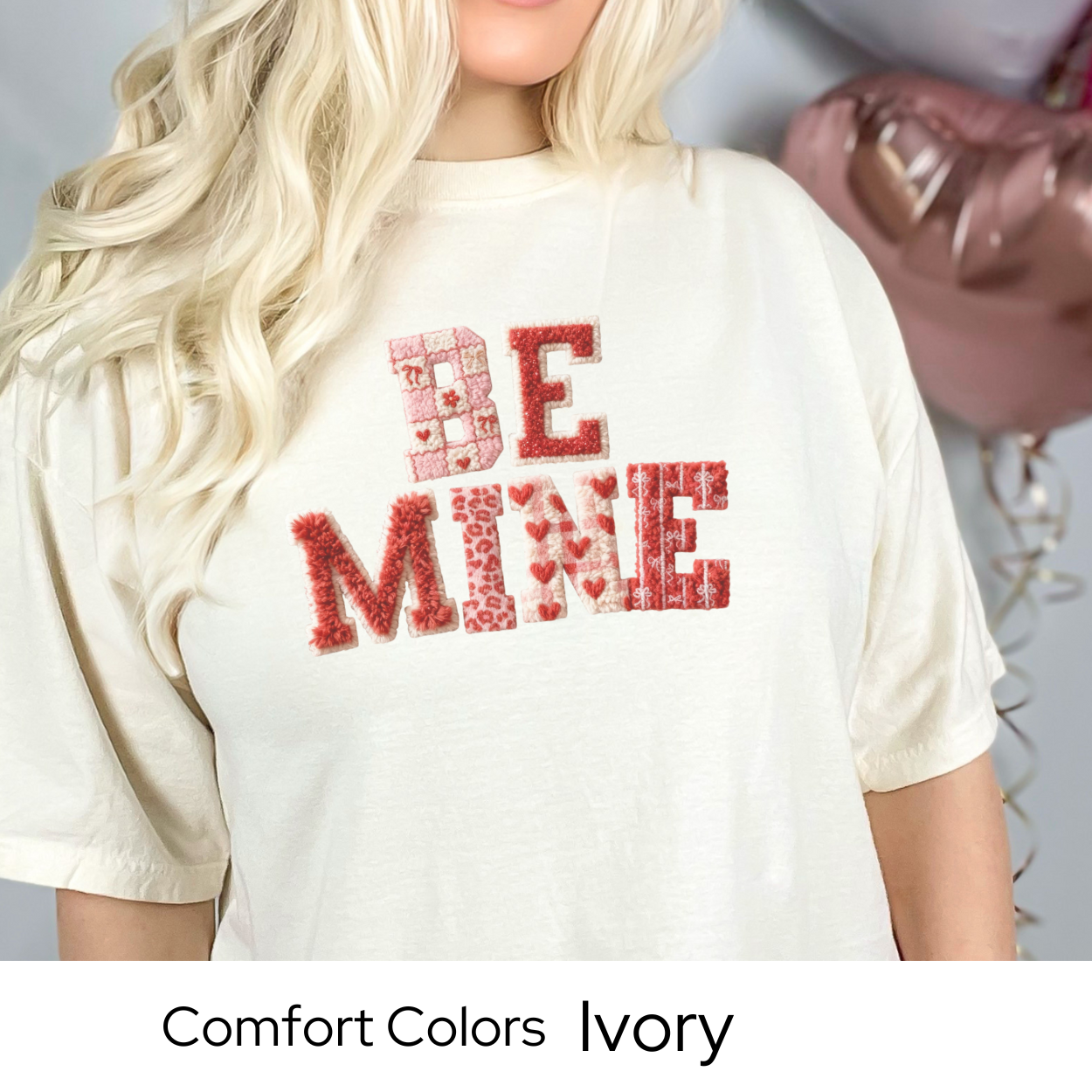 Valentines Day Graphic T Shirt, Be Mine Faux Patchwork Tee, Stitched Valentine Letter Shirt, Cozy Valentine Outfit Comfort Colors 1717