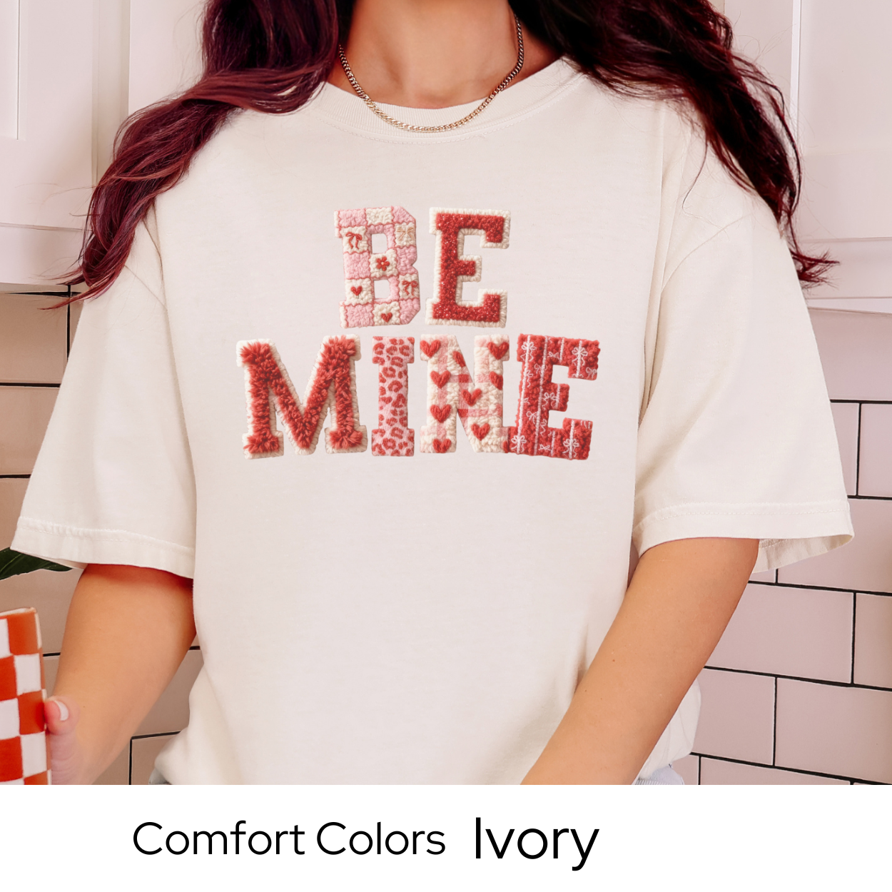 Valentines Day Graphic T Shirt, Be Mine Faux Patchwork Tee, Stitched Valentine Letter Shirt, Cozy Valentine Outfit Comfort Colors 1717