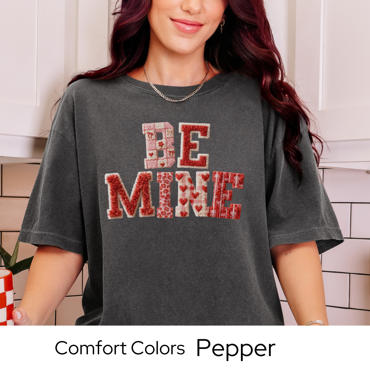 Valentines Day Graphic T Shirt, Be Mine Faux Patchwork Tee, Stitched Valentine Letter Shirt, Cozy Valentine Outfit Comfort Colors 1717