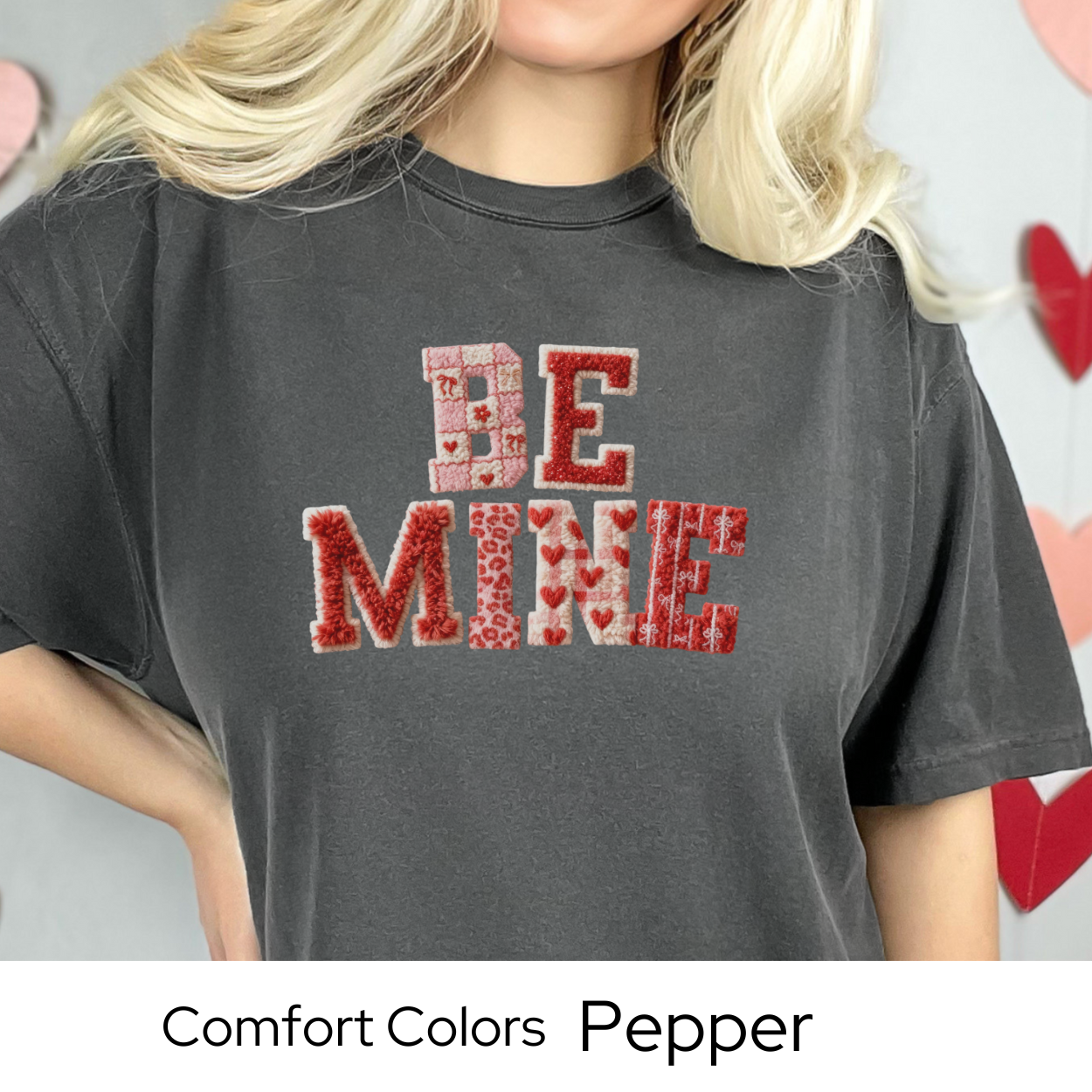 Valentines Day Graphic T Shirt, Be Mine Faux Patchwork Tee, Stitched Valentine Letter Shirt, Cozy Valentine Outfit Comfort Colors 1717