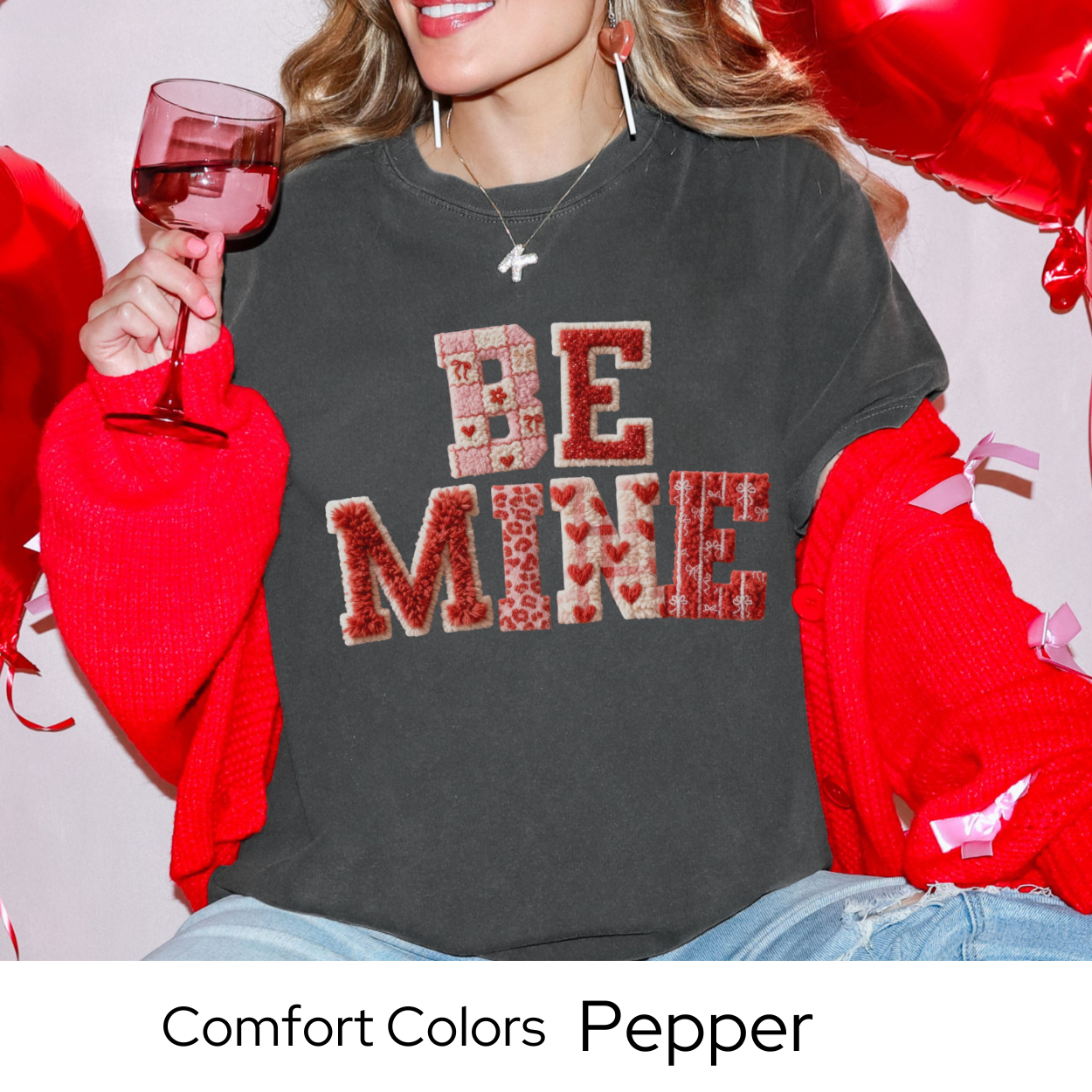 Valentines Day Graphic T Shirt, Be Mine Faux Patchwork Tee, Stitched Valentine Letter Shirt, Cozy Valentine Outfit Comfort Colors 1717