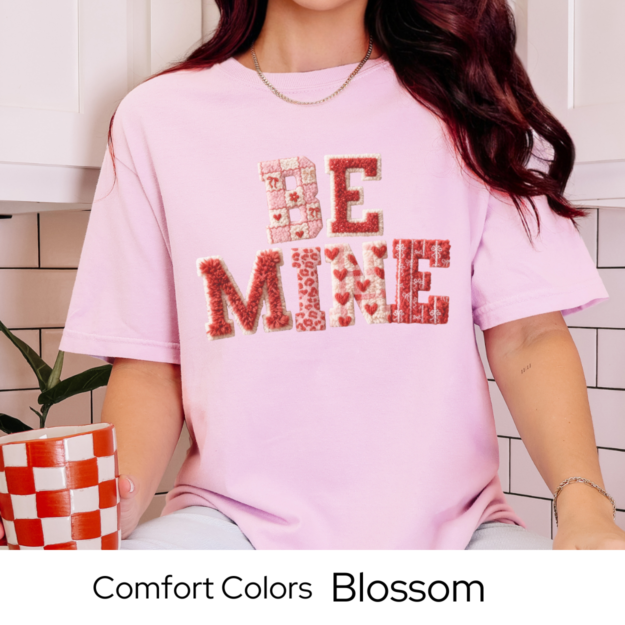 Valentines Day Graphic T Shirt, Be Mine Faux Patchwork Tee, Stitched Valentine Letter Shirt, Cozy Valentine Outfit Comfort Colors 1717