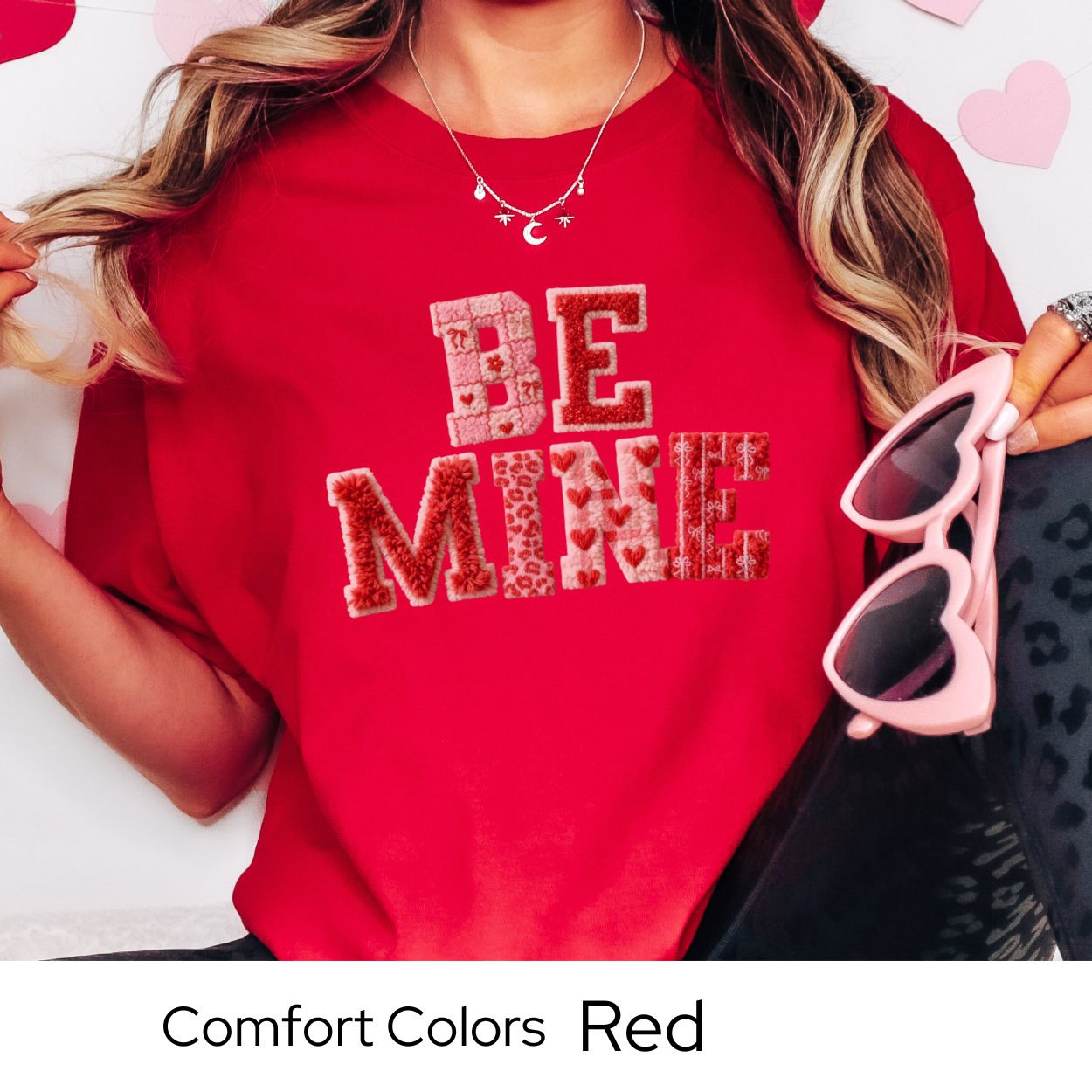 Valentines Day Graphic T Shirt, Be Mine Faux Patchwork Tee, Stitched Valentine Letter Shirt, Cozy Valentine Outfit Comfort Colors 1717