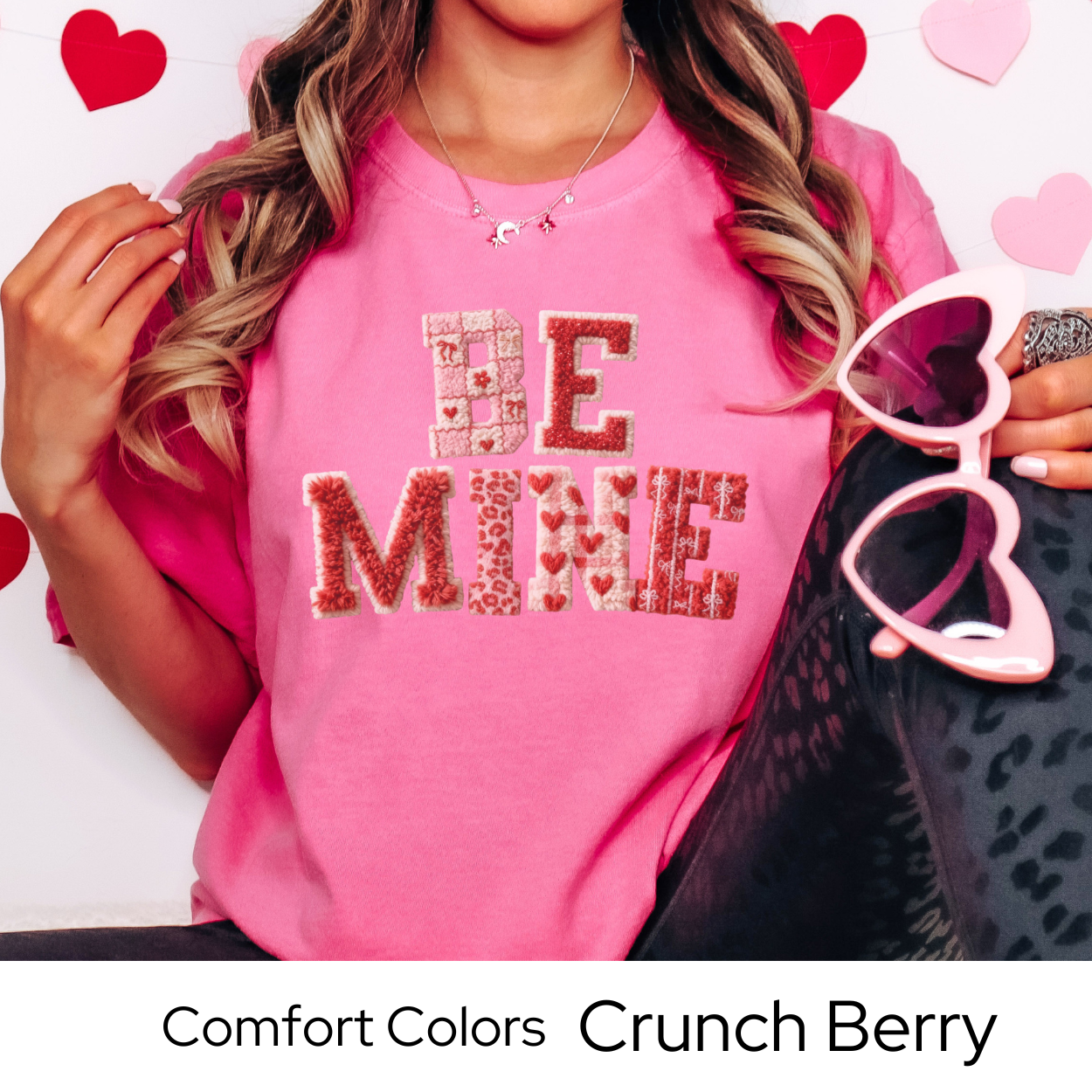 Valentines Day Graphic T Shirt, Be Mine Faux Patchwork Tee, Stitched Valentine Letter Shirt, Cozy Valentine Outfit Comfort Colors 1717