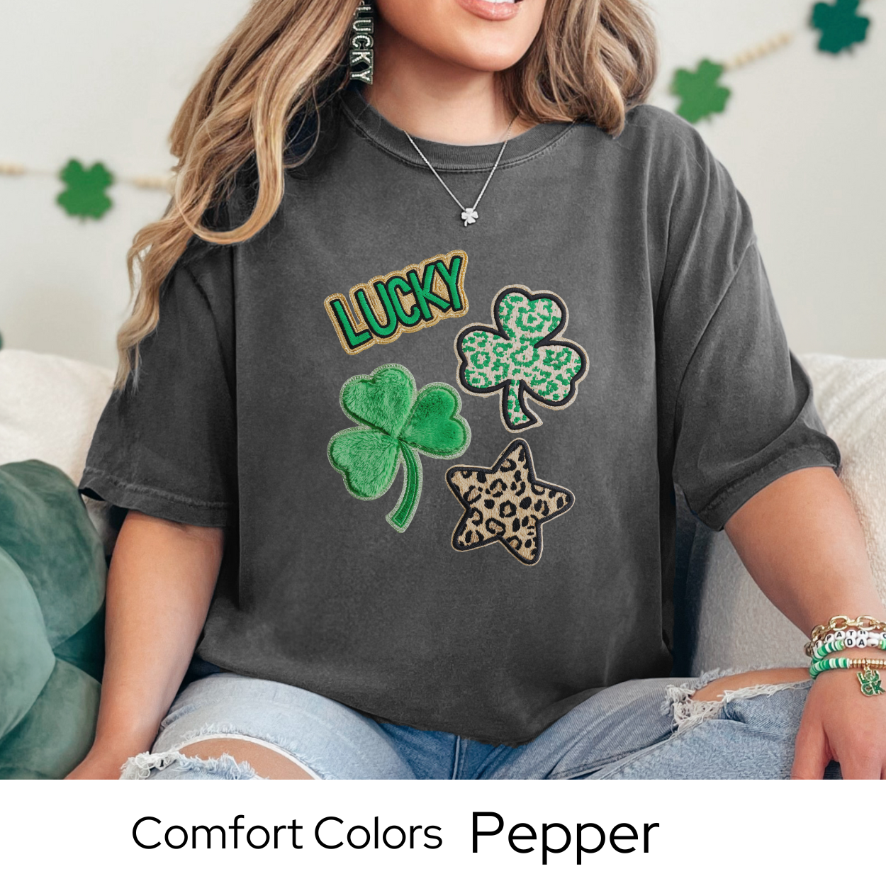 St Patricks Day Graphic T Shirt, Lucky Shamrock Icons Tee, Trendy St Patricks Shirt for Women, March Outfit Comfort Colors 1717