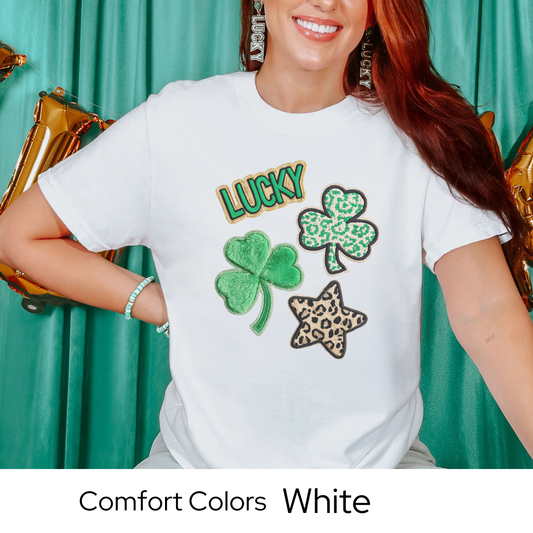 St Patricks Day Graphic T Shirt, Lucky Shamrock Icons Tee, Trendy St Patricks Shirt for Women, March Outfit Comfort Colors 1717