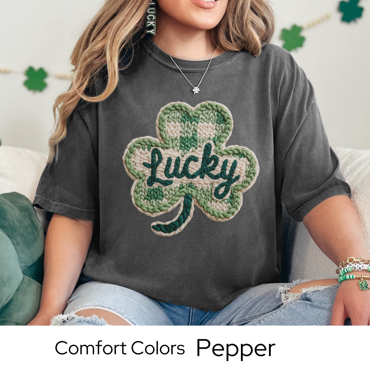 St Patricks Day Graphic T Shirt, Lucky Shamrock Tee, Faux Knit Clover Shirt, St Patricks Outfit for Women Comfort Colors 1717